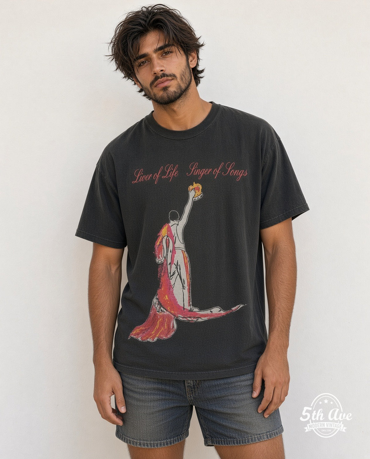 Model wearing the Freddie Mercury Lover of Life, Singer of Songs vintage band t-shirt