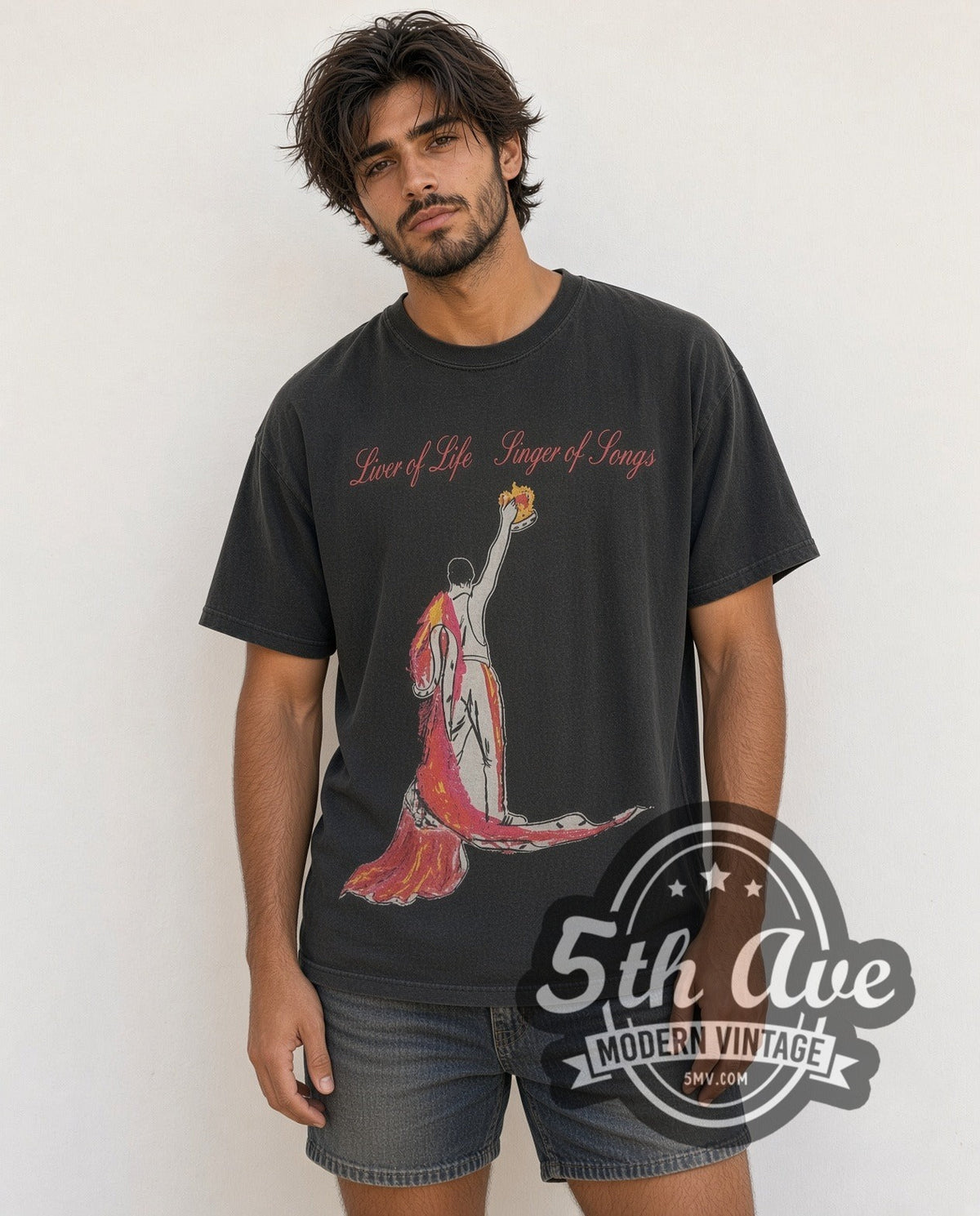 Model wearing the Freddie Mercury Lover of Life, Singer of Songs vintage band t-shirt