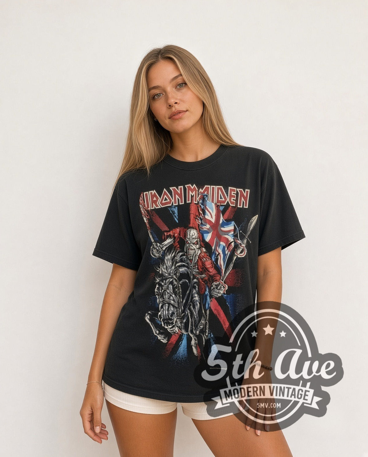 Model wearing the Iron Maiden Eddie Union Jack Rider vintage band t-shirt