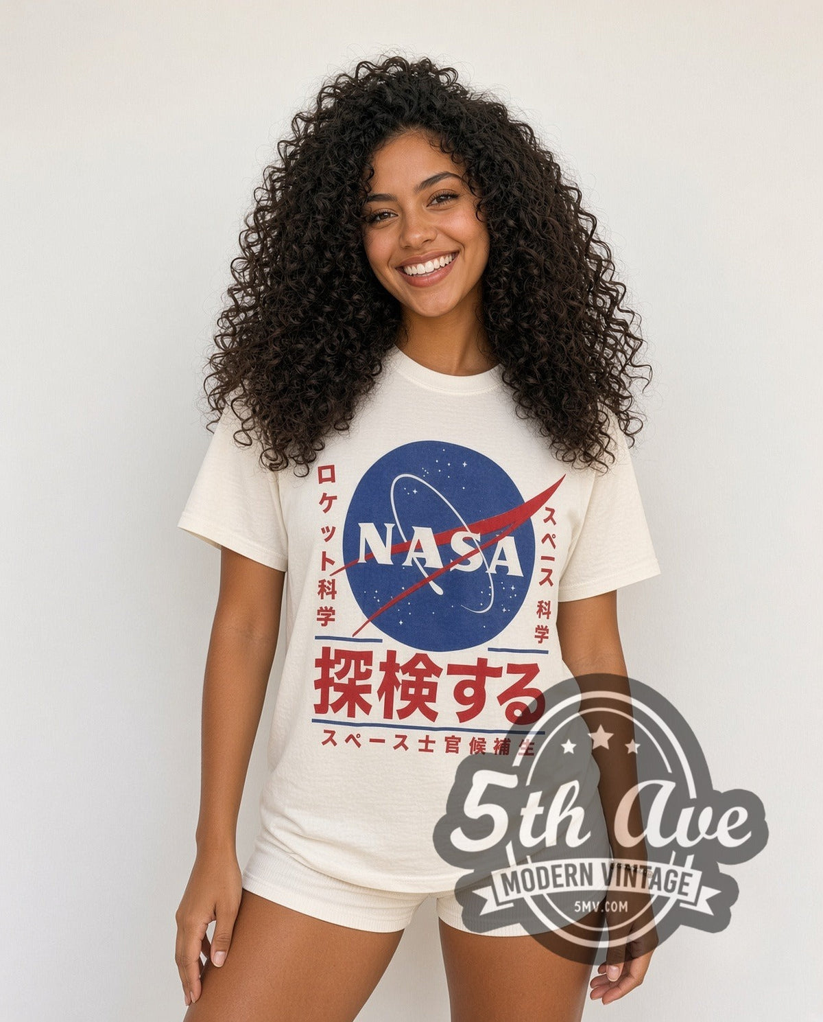 Model wearing the NASA Japanese Logo graphic tee in white