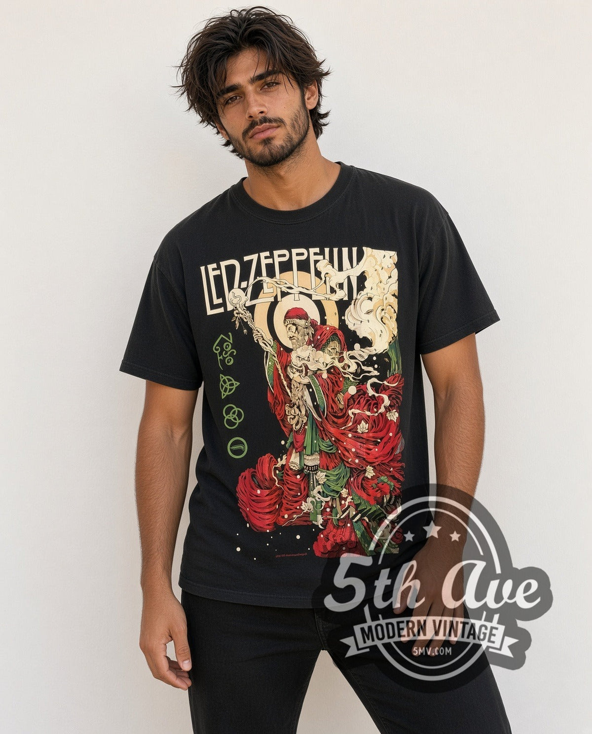 Model wearing the Led Zeppelin Psychedelic Rose Figure vintage band t-shirt