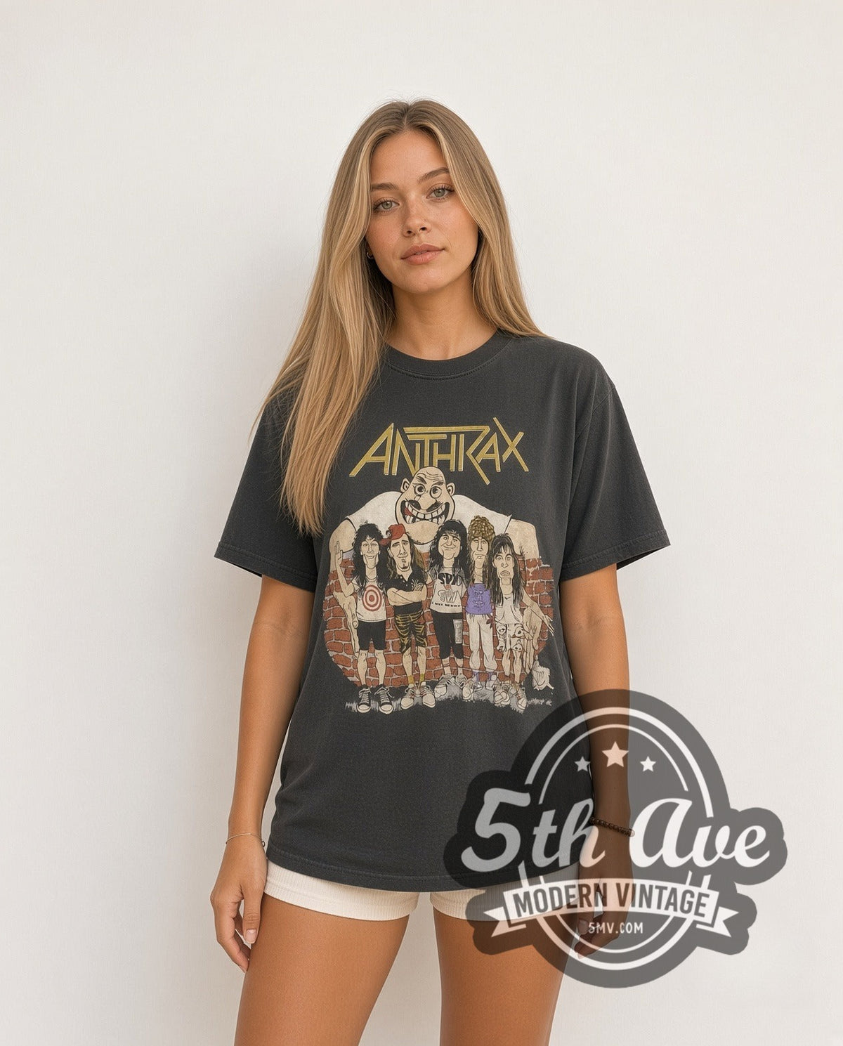 Model wearing the Anthrax Band Cartoon vintage band t-shirt