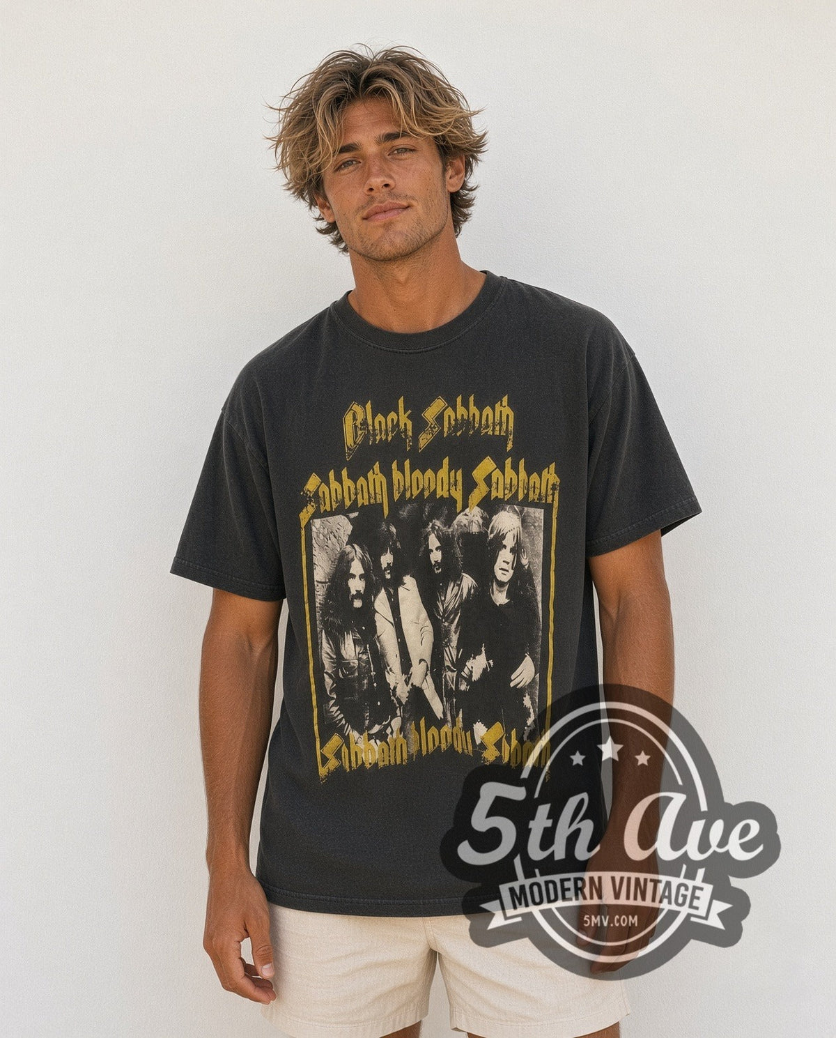 Model wearing the Black Sabbath Sabbath Bloody Sabbath vintage band t-shirt