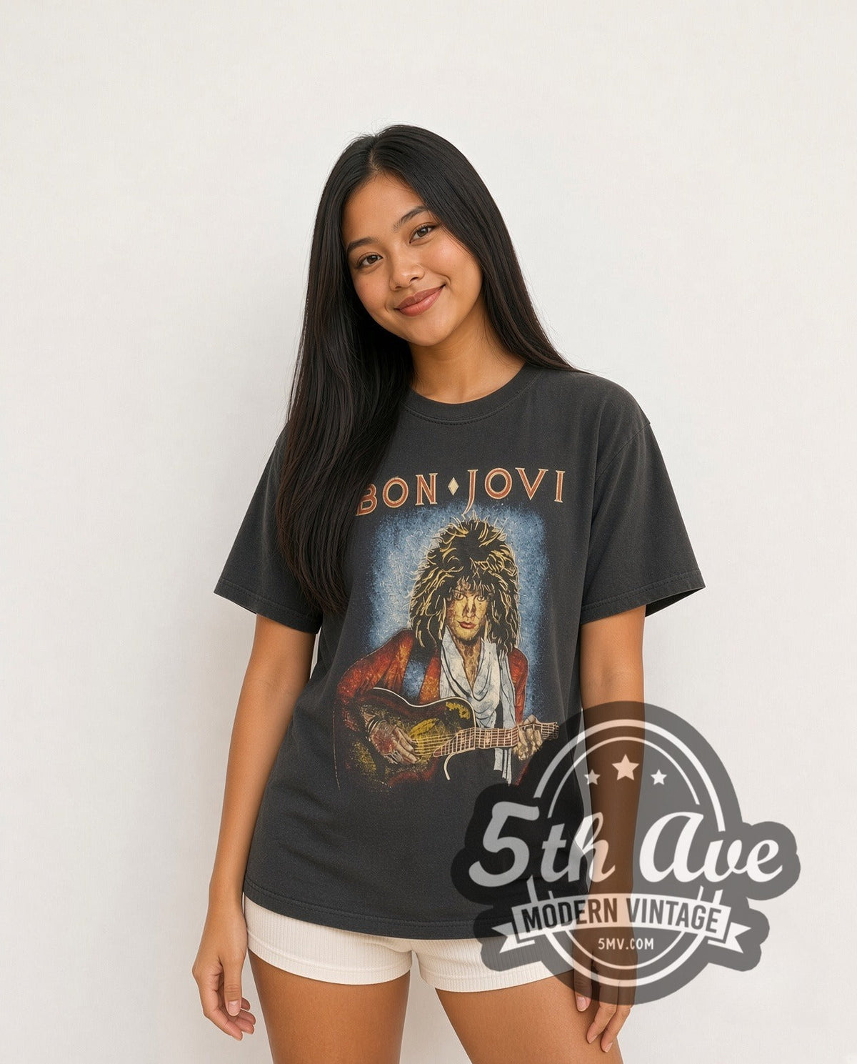 Model wearing the Bon Jovi Guitar Portrait vintage band t-shirt