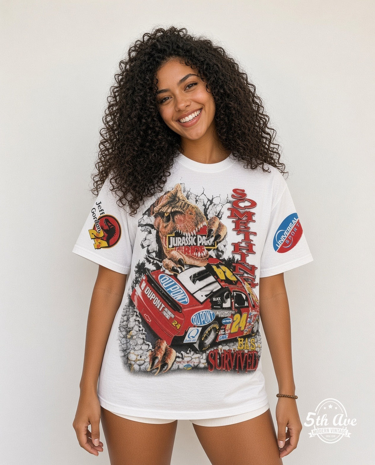 Model wearing the NASCAR Jeff Gordon #24 Jurassic Park The Ride all-over-print NASCAR t-shirt in white