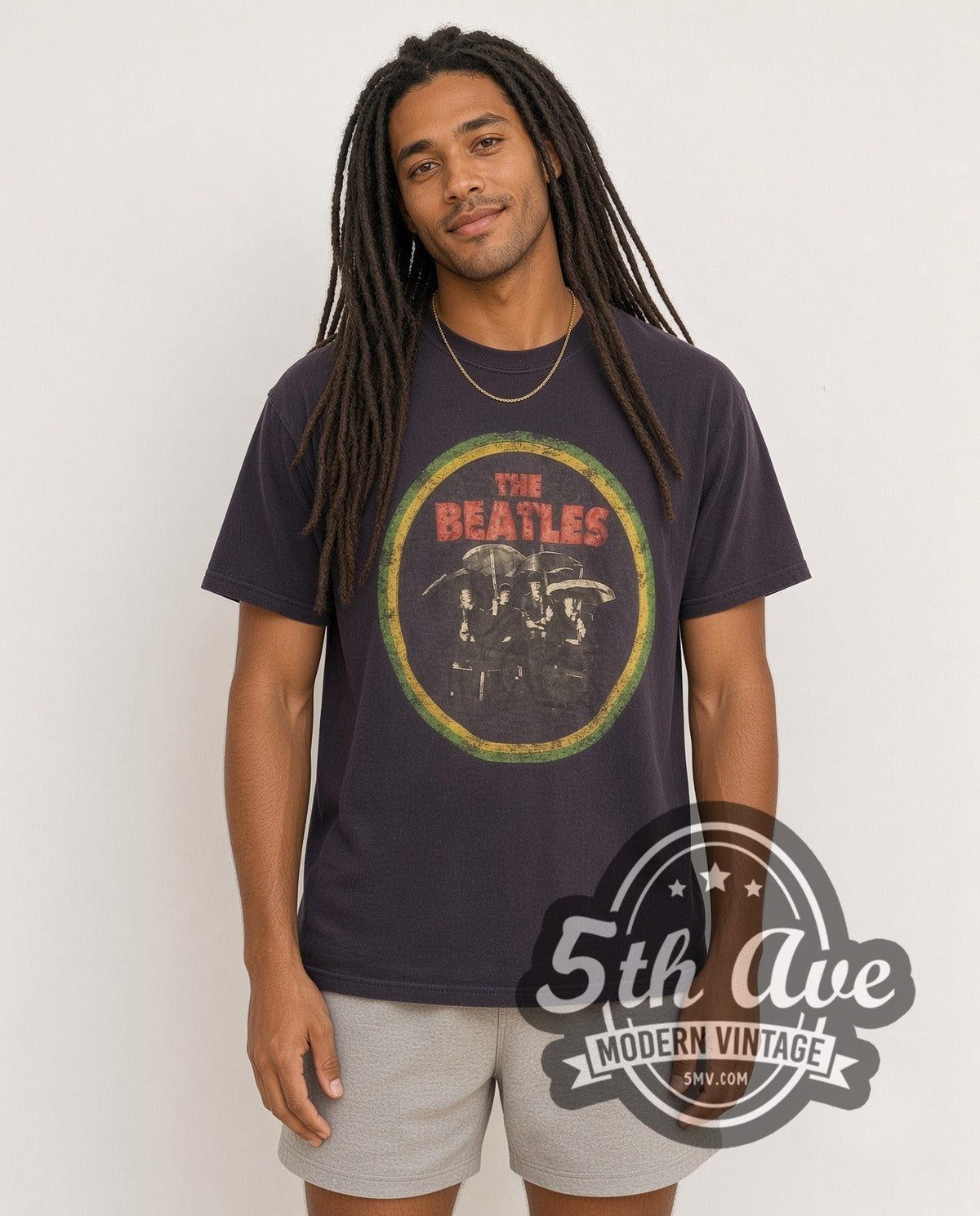 Model wearing The Beatles Circle Logo Band Photo vintage band t-shirt
