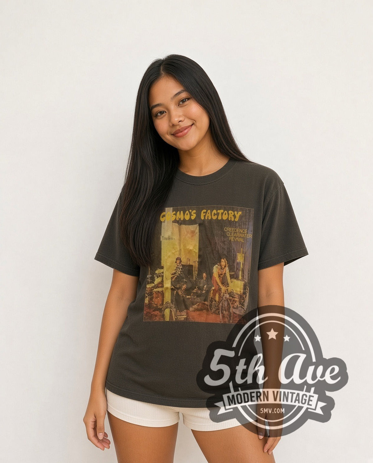 Model wearing the Creedence Clearwater Revival Cosmo's Factory vintage band t-shirt