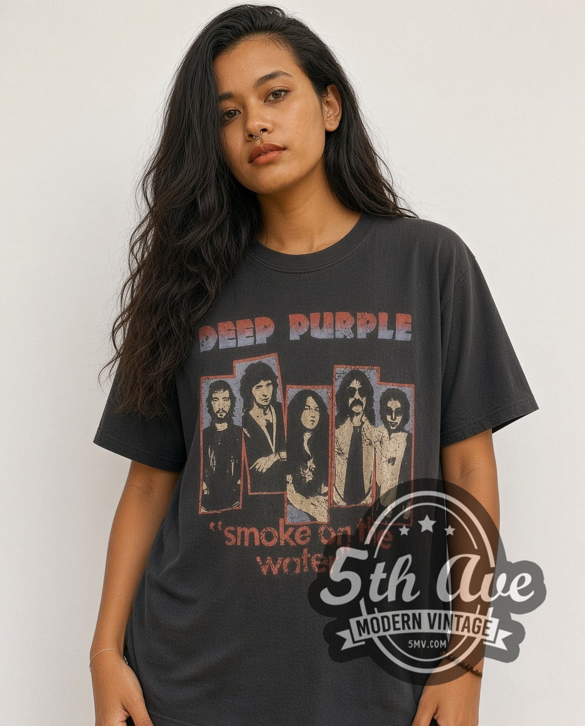 Model wearing the Deep Purple Smoke on the Water vintage band t-shirt