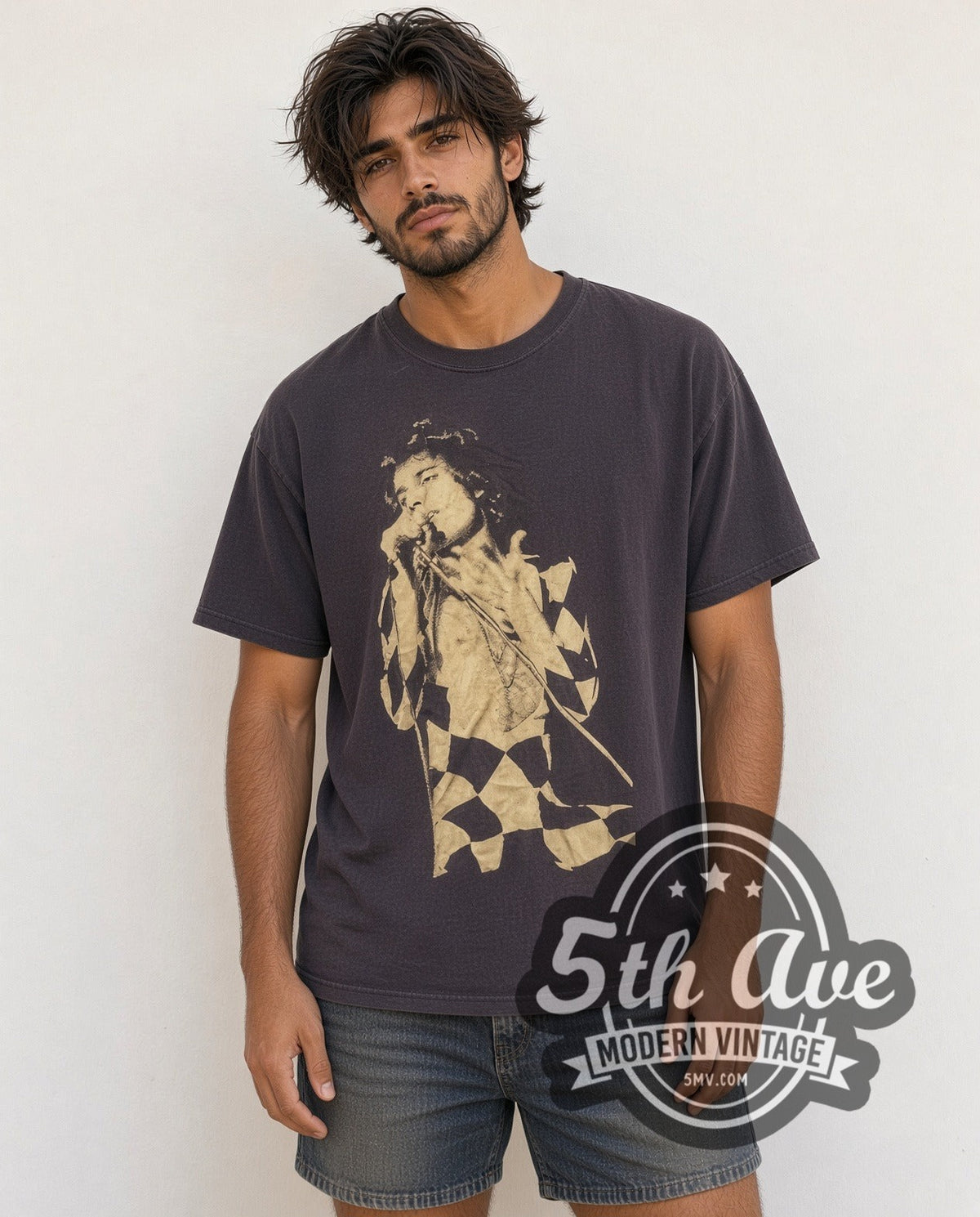 Model wearing the Freddie Mercury Harlequin Stage Portrait vintage band t-shirt
