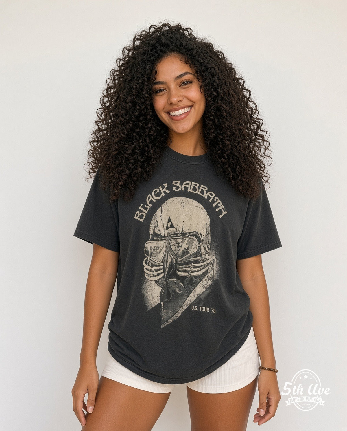 Model wearing the Black Sabbath U.S. Tour '78 vintage band t-shirt
