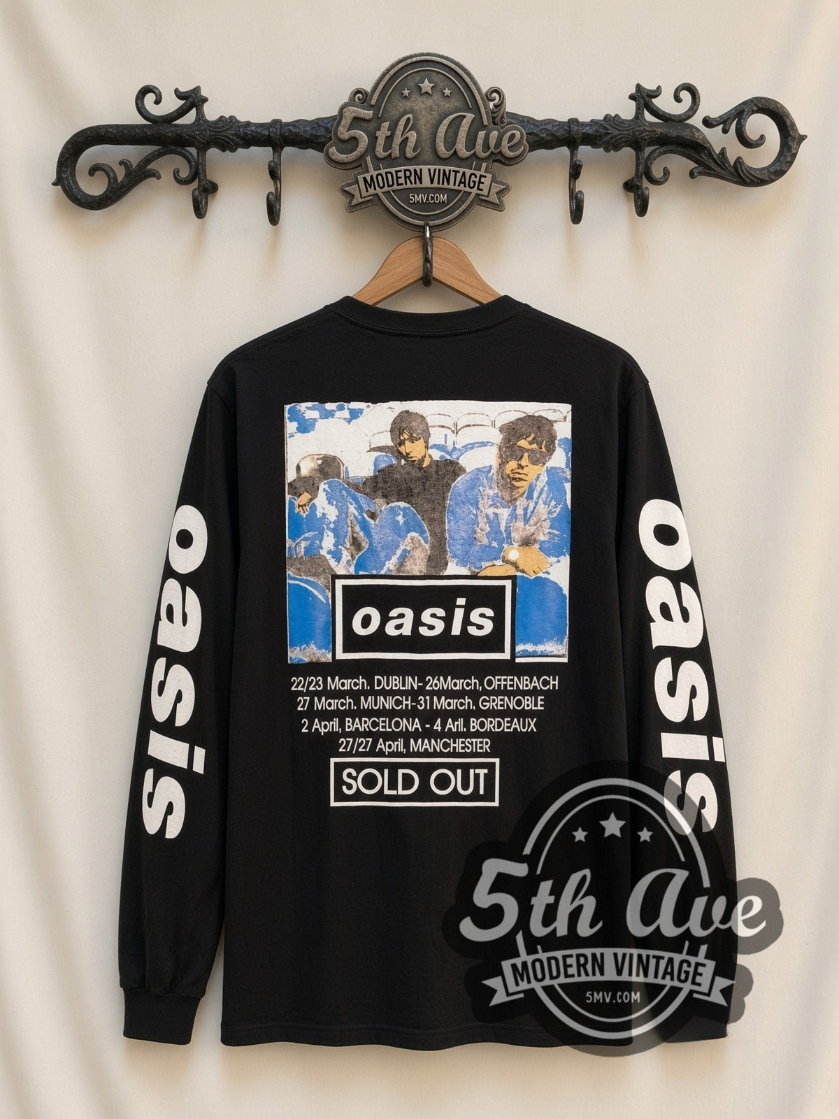 Oasis Morning Glory Tour vintage band long sleeve t-shirt, back view on a display rack