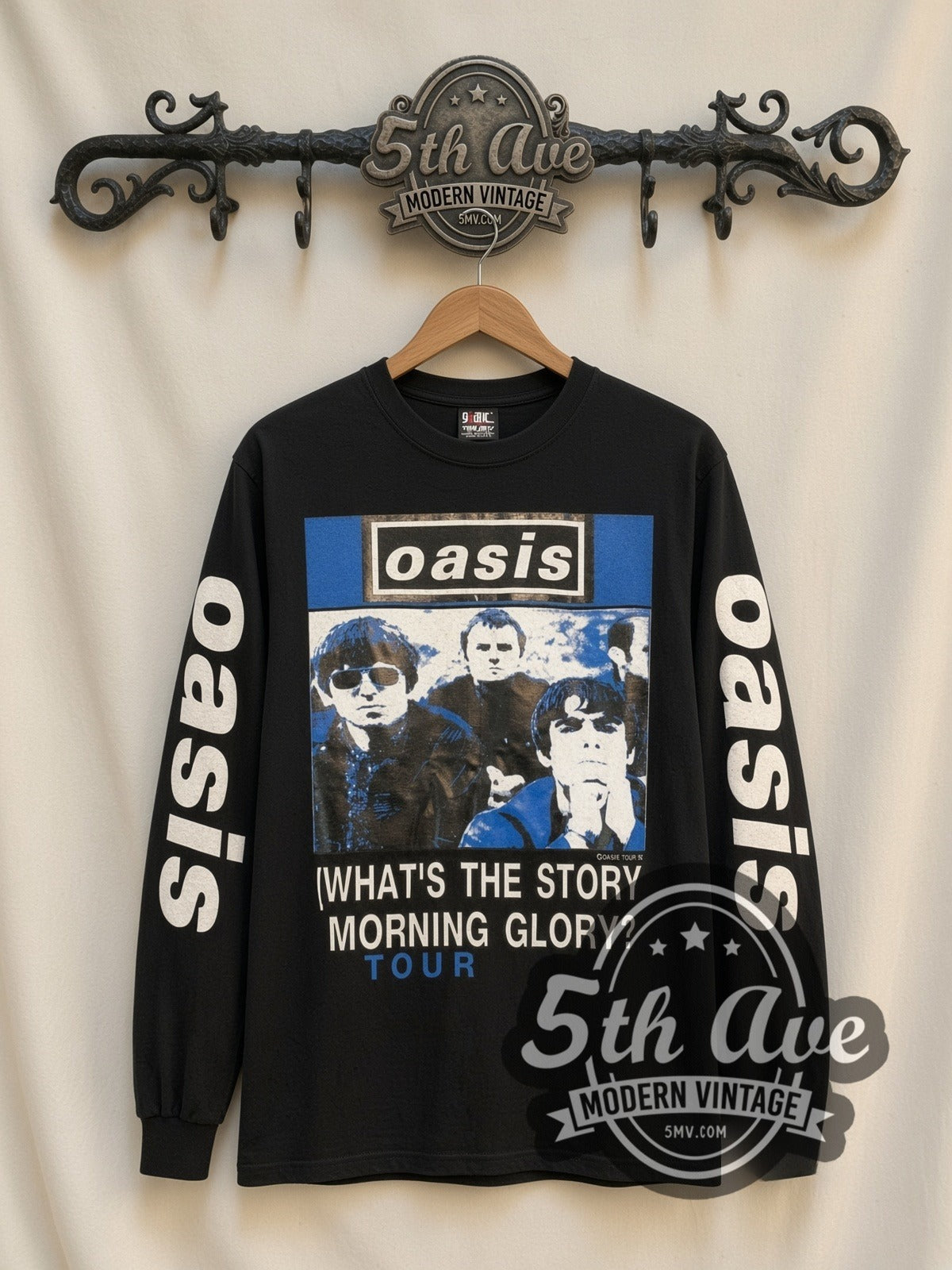 Oasis Morning Glory Tour vintage band long sleeve t-shirt, front view on a display rack