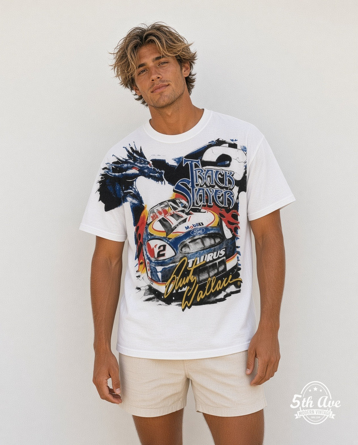 Model wearing the NASCAR Rusty Wallace #2 Track Slayer Dragon all-over-print NASCAR t-shirt in white