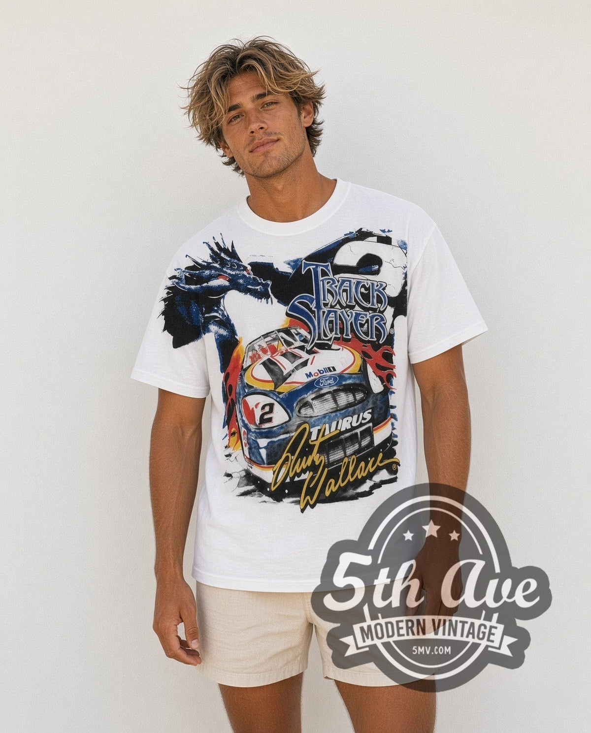 Model wearing the NASCAR Rusty Wallace #2 Track Slayer Dragon all-over-print vintage NASCAR t-shirt in white