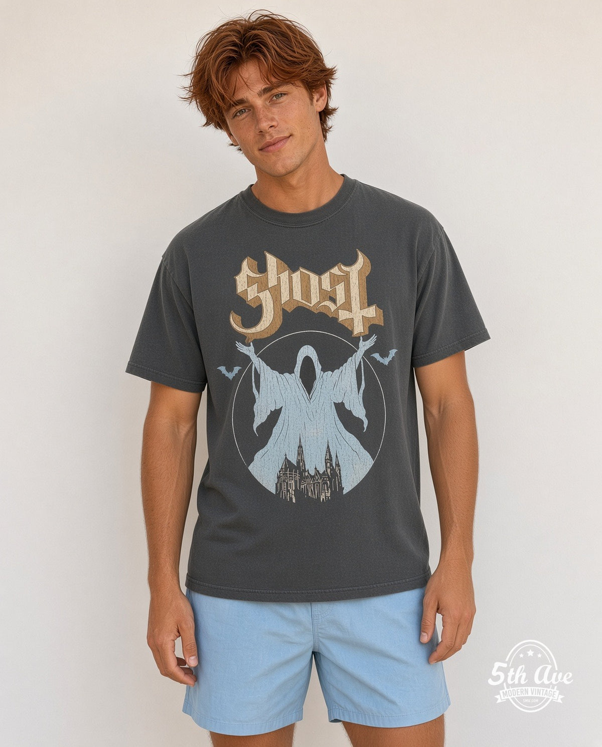 Model wearing the Ghost Logo and Papa Figure vintage band t-shirt