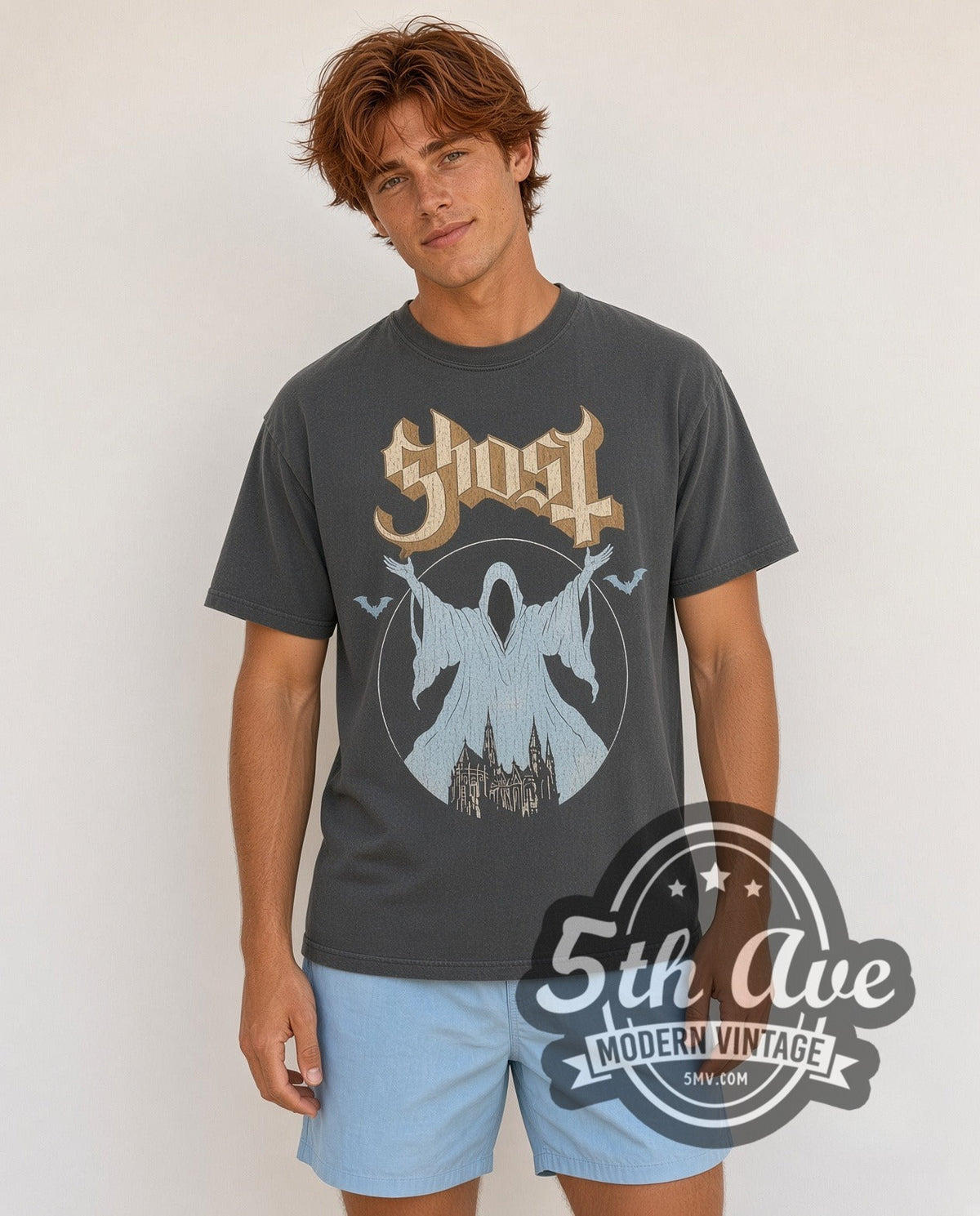 Model wearing the Ghost Logo and Papa Figure vintage band t-shirt
