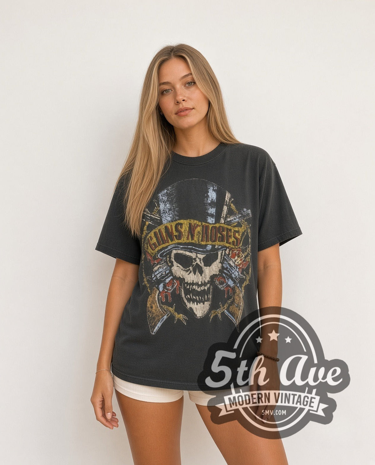 Model wearing the Guns N' Roses 1989 North American Tour vintage band t-shirt