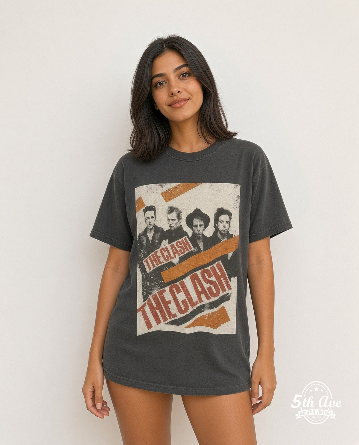 Model wearing The Clash Band Photo Logo vintage band t-shirt
