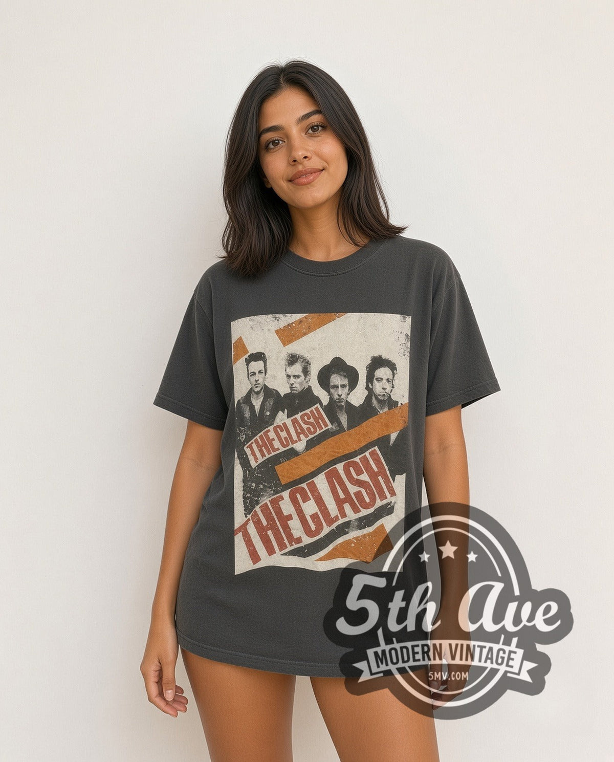 Model wearing The Clash Band Photo Logo vintage band t-shirt
