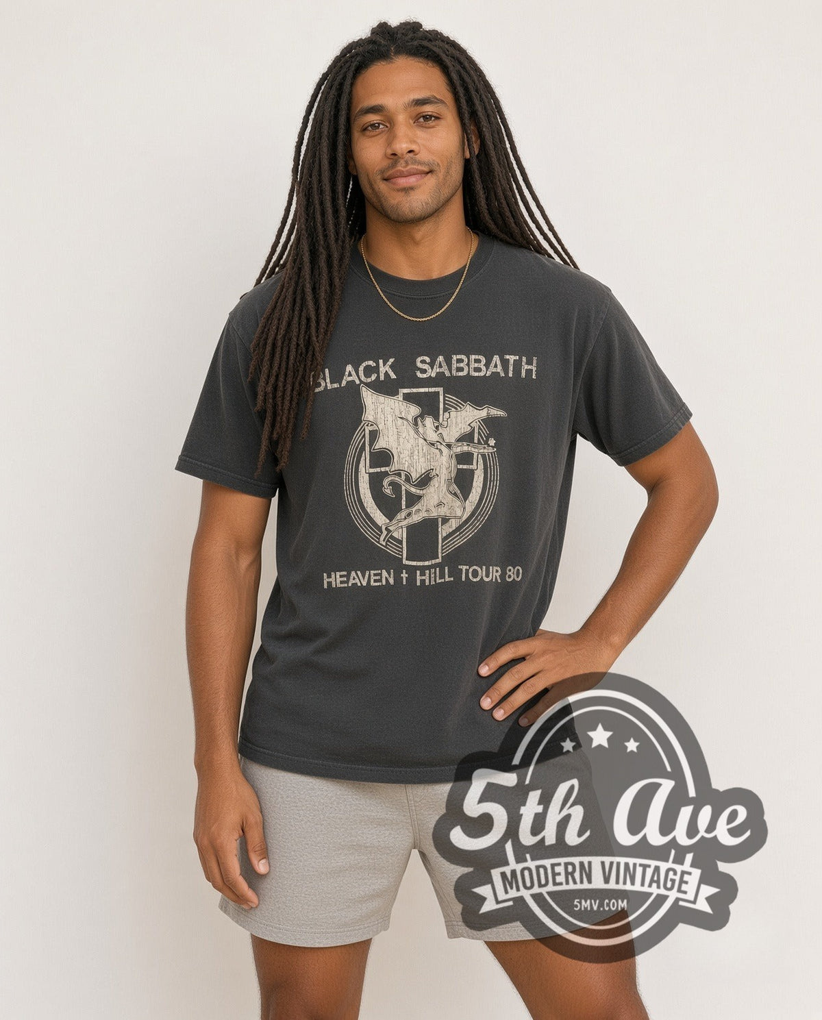Model wearing the Black Sabbath Heaven and Hell Tour 1980 vintage band t-shirt
