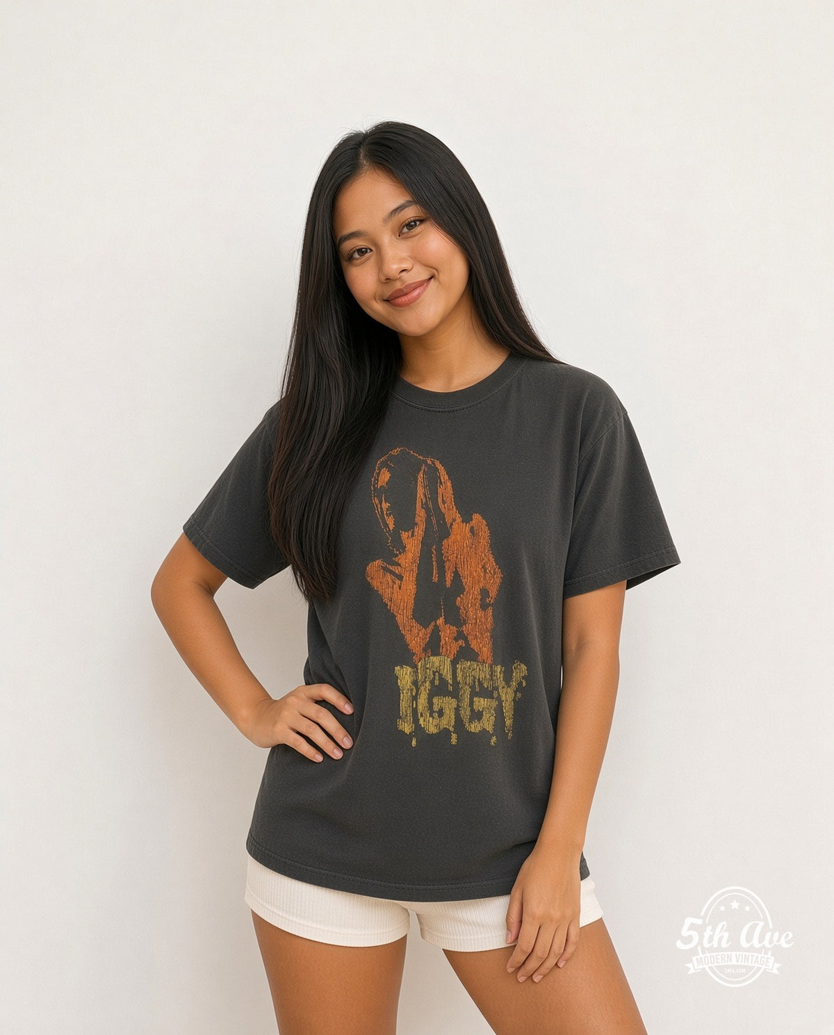 Model wearing the Iggy and The Stooges Raw Power 1973 vintage band t-shirt