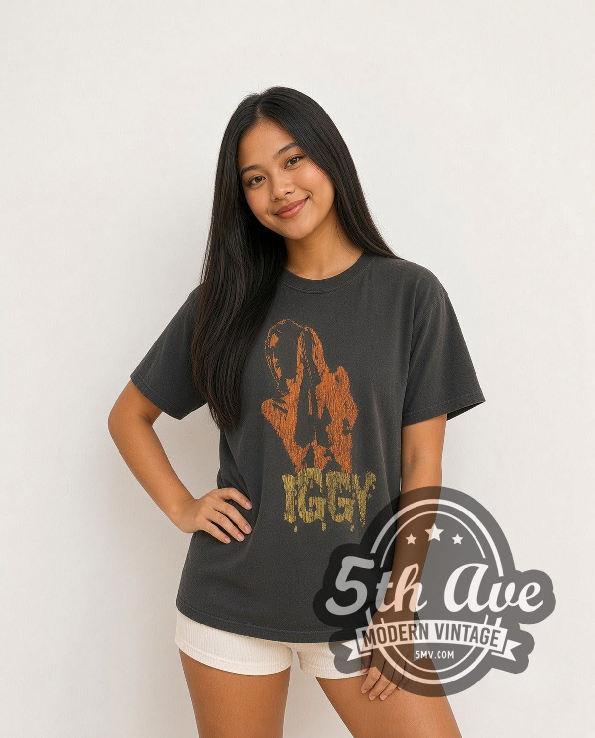 Model wearing the Iggy and The Stooges Raw Power 1973 vintage band t-shirt