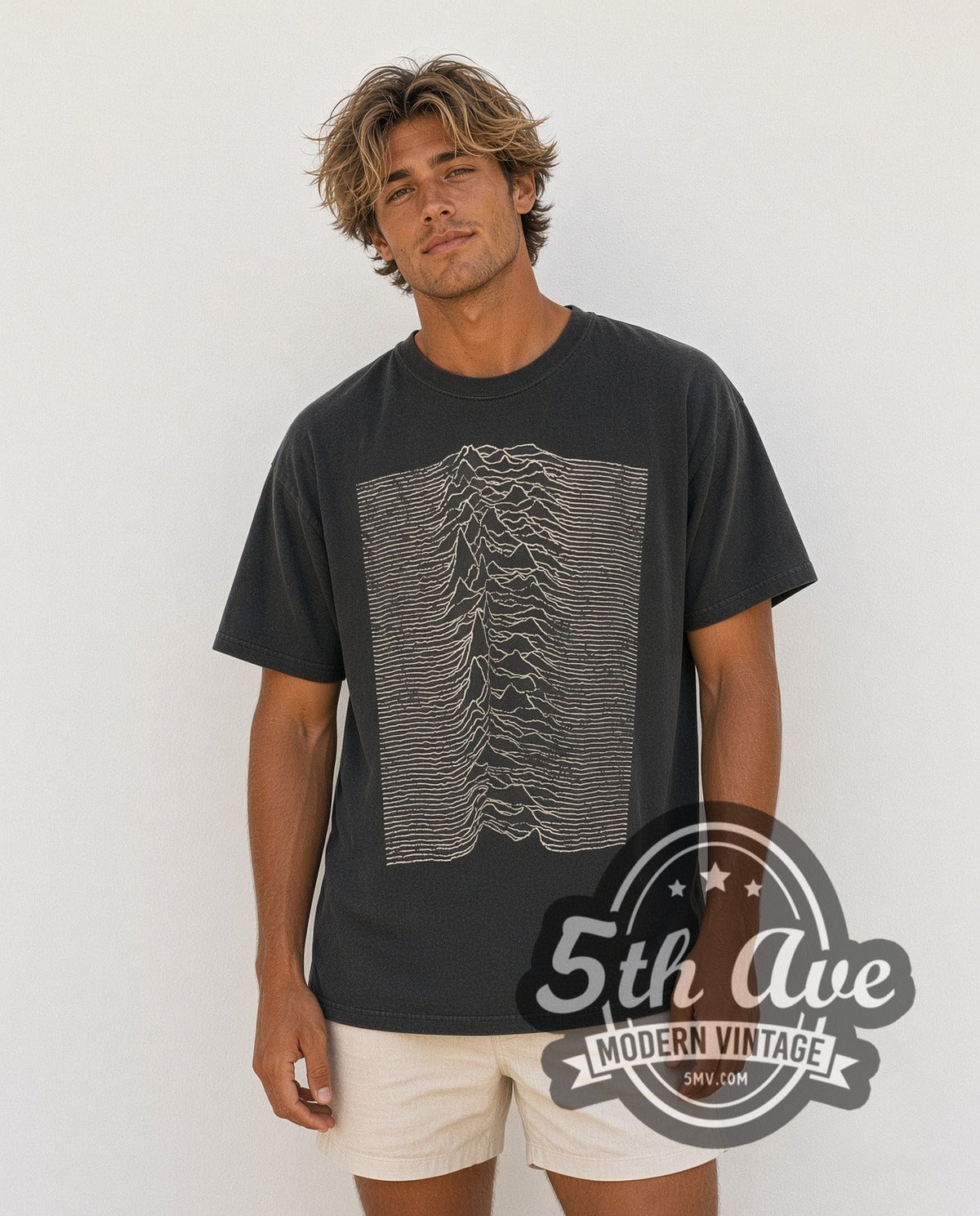 Model wearing the Joy Division Unknown Pleasures vintage band t-shirt