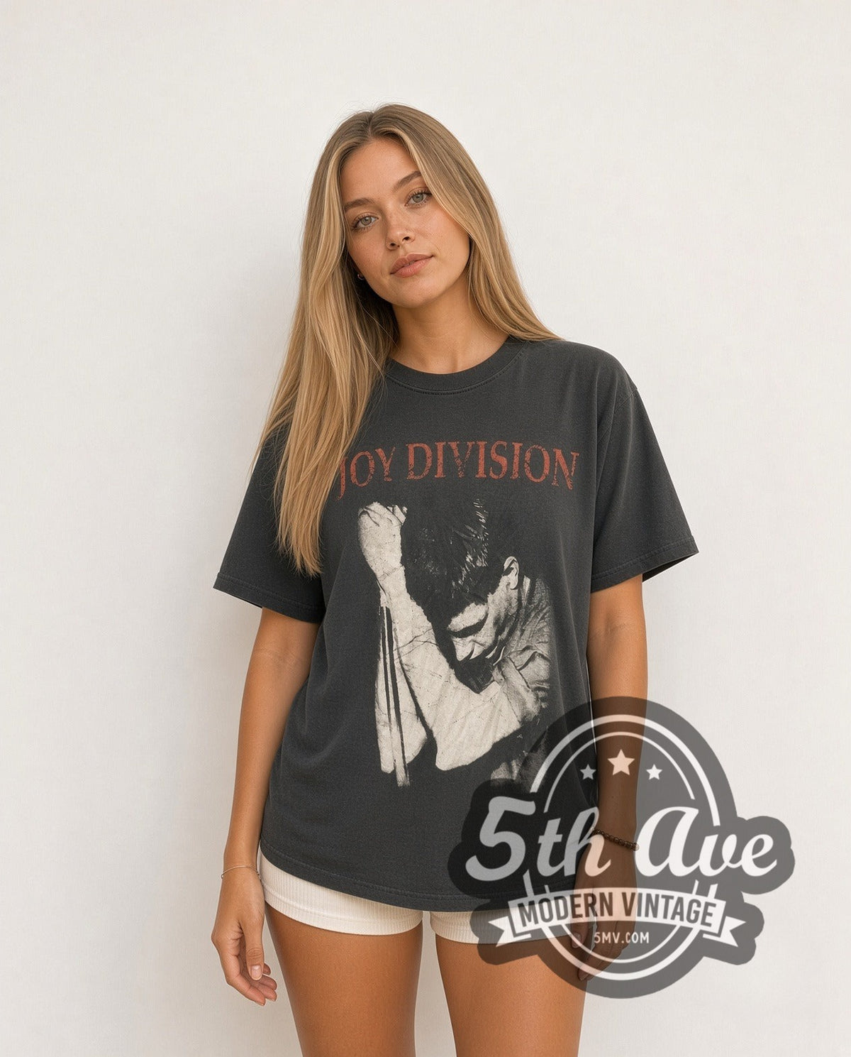 Model wearing the Joy Division Singer Microphone Portrait vintage band t-shirt