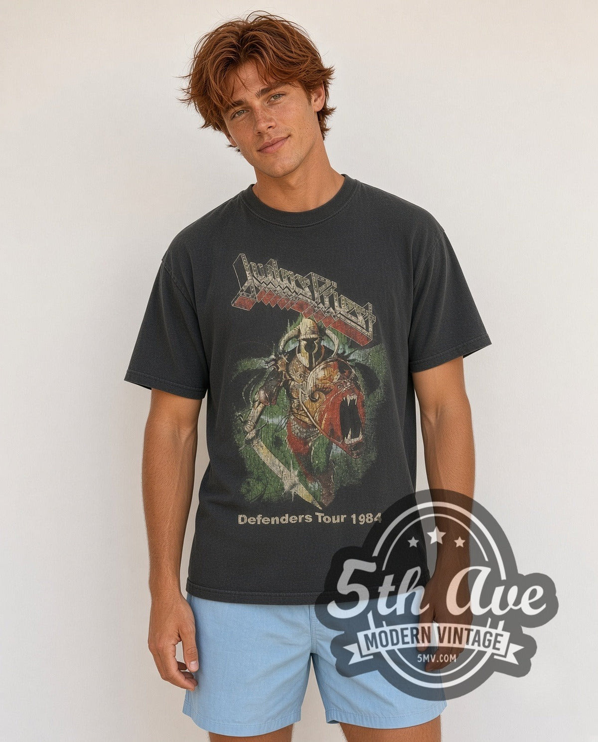 Model wearing the Judas Priest Defenders Tour 1984 vintage band t-shirt