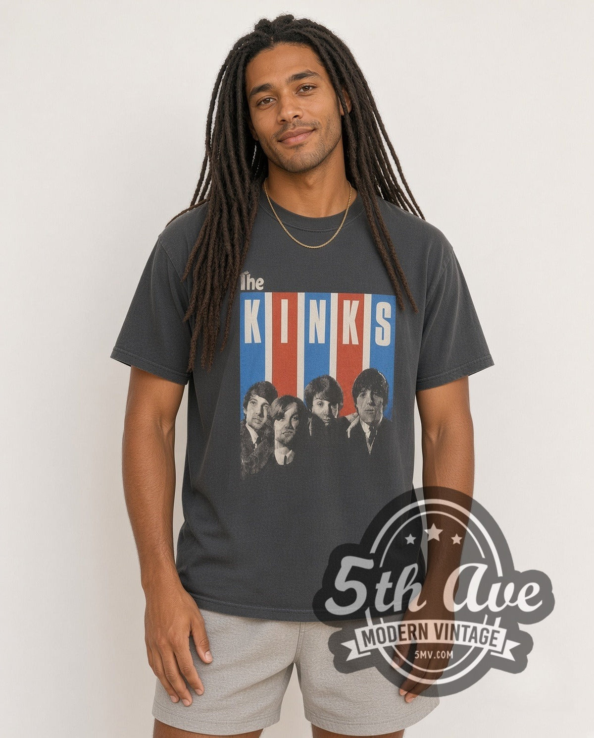 Model wearing The Kinks vintage band t-shirt