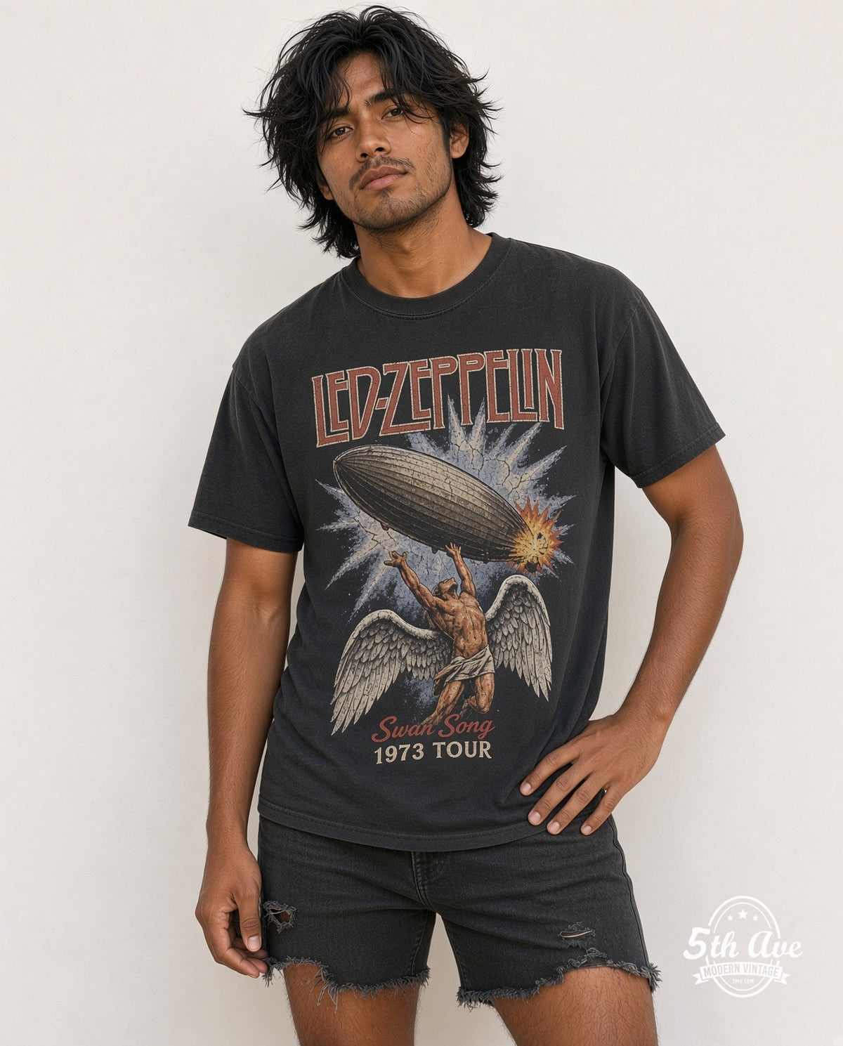 Model wearing the Led Zeppelin 1973 Tour Angel & Zeppelin vintage band t-shirt in black