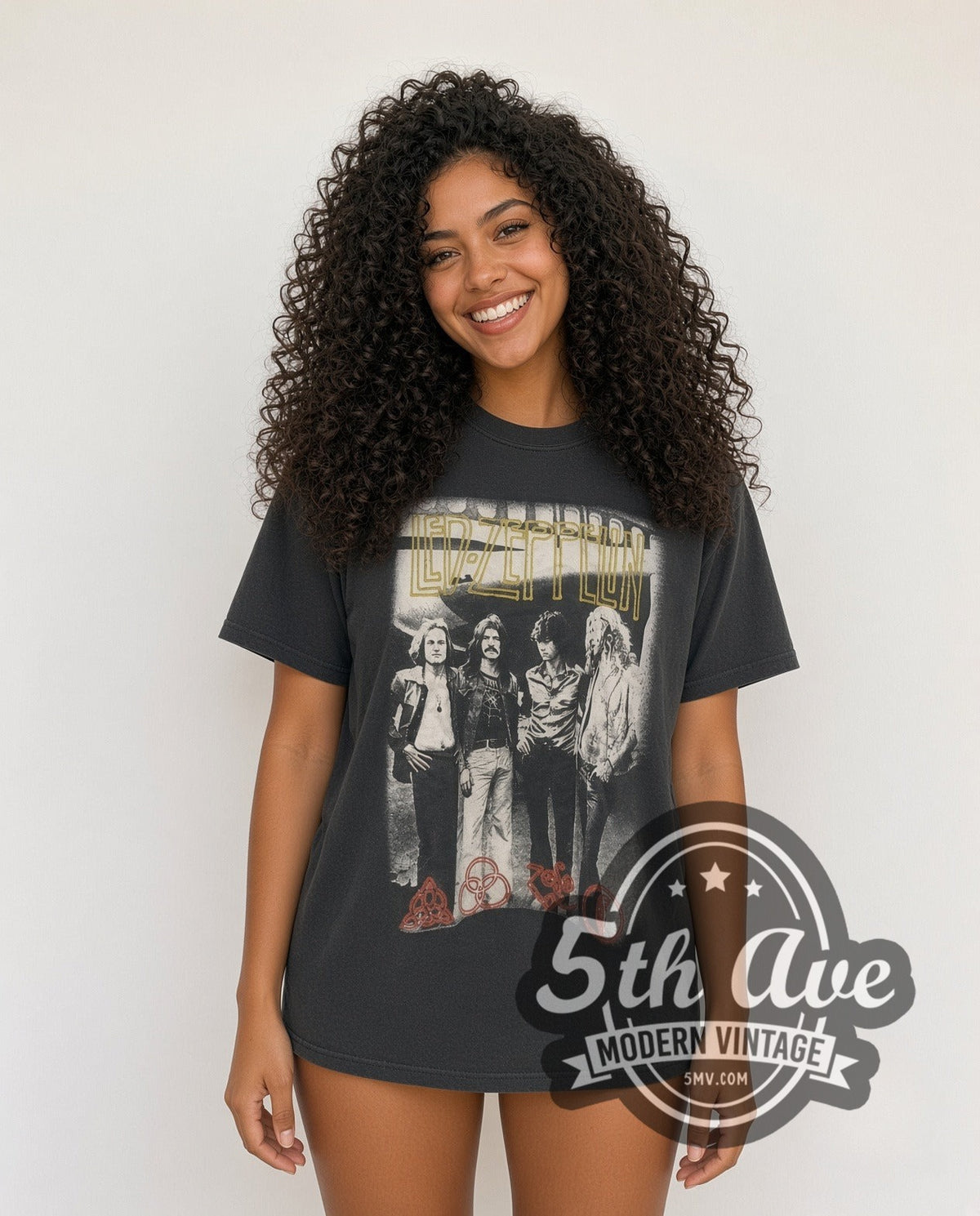 Model wearing the Led Zeppelin Tribute with Zoso Logos vintage band t-shirt