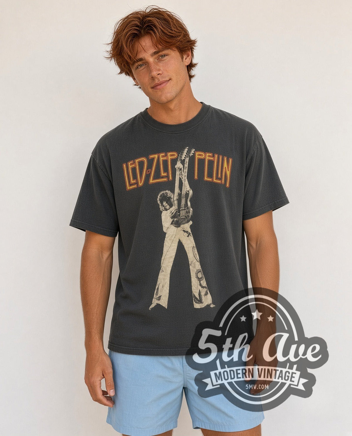 Model wearing the Led Zeppelin Jimmy Page Double Neck vintage band t-shirt