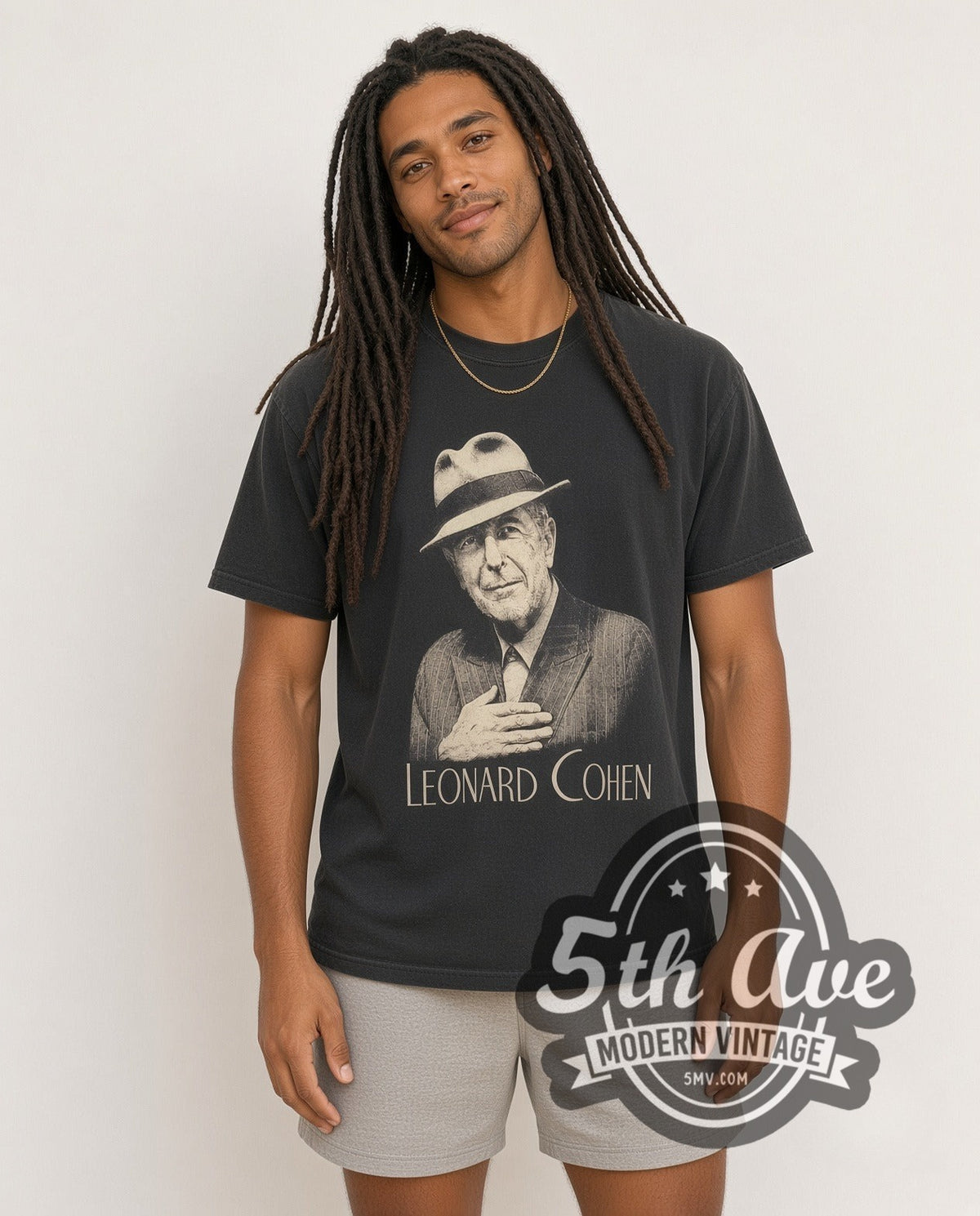 Model wearing the Leonard Cohen Inspired Portrait Cotton vintage band t-shirt