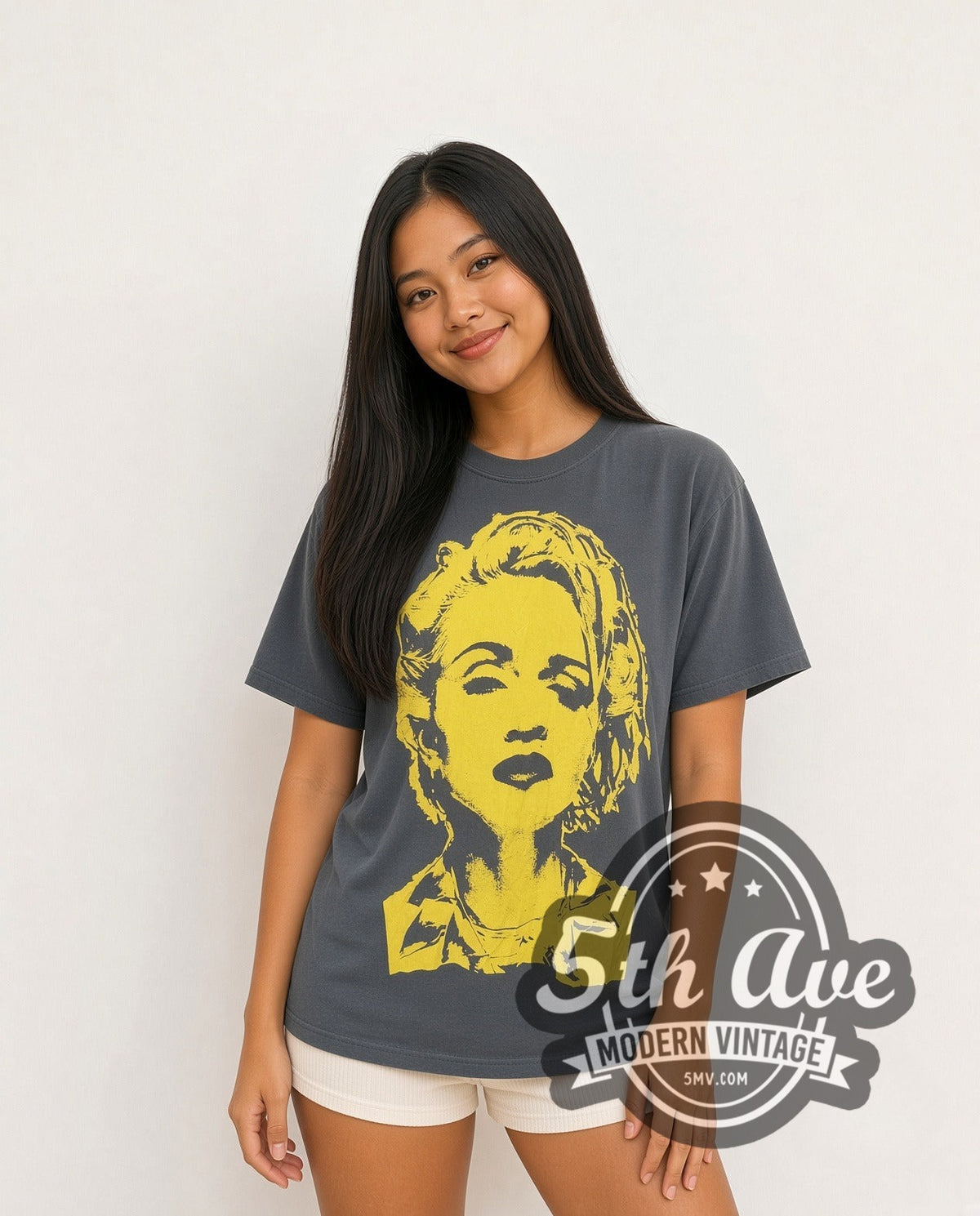 Model wearing the Madonna Yellow Portrait vintage band t-shirt