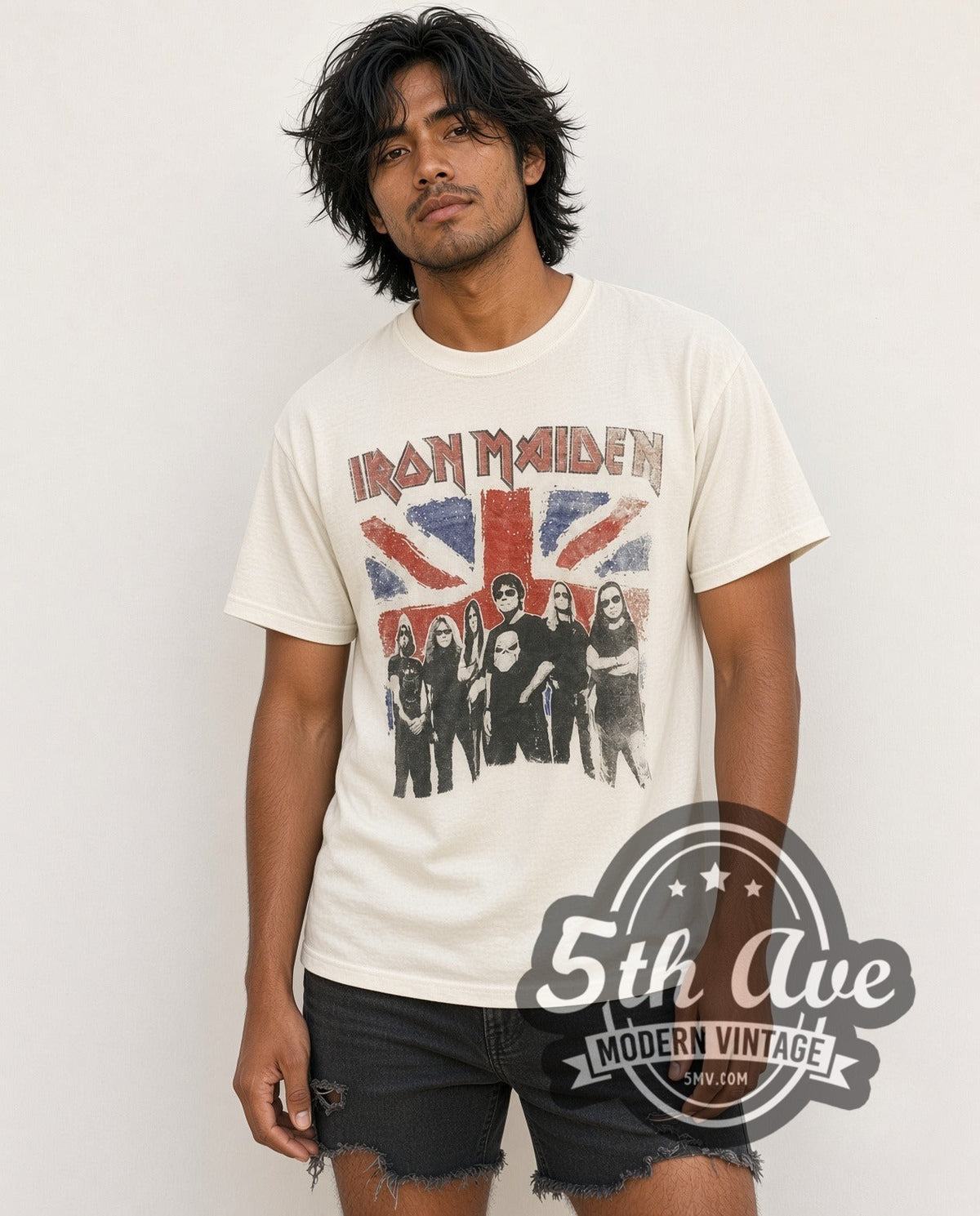 Model wearing the Iron Maiden Union Jack Band Photo vintage band t-shirt