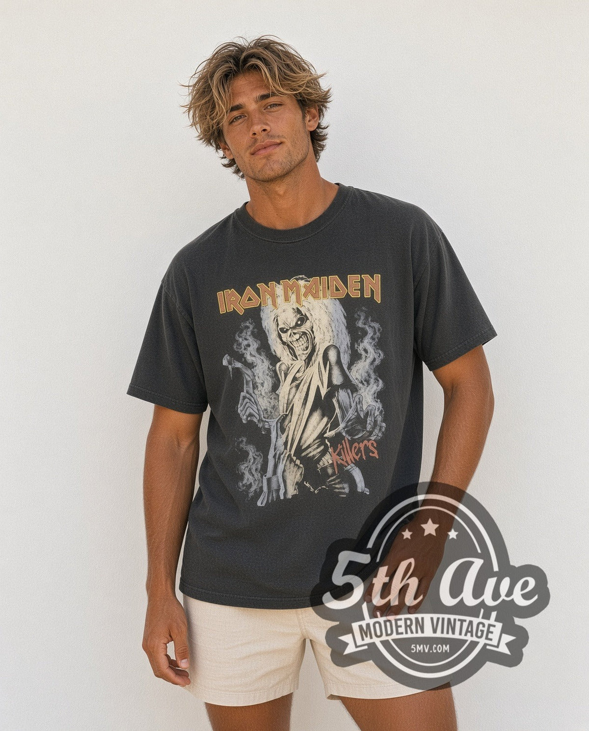 Model wearing the Iron Maiden Killers Eddie Hatchet Crop vintage band t-shirt