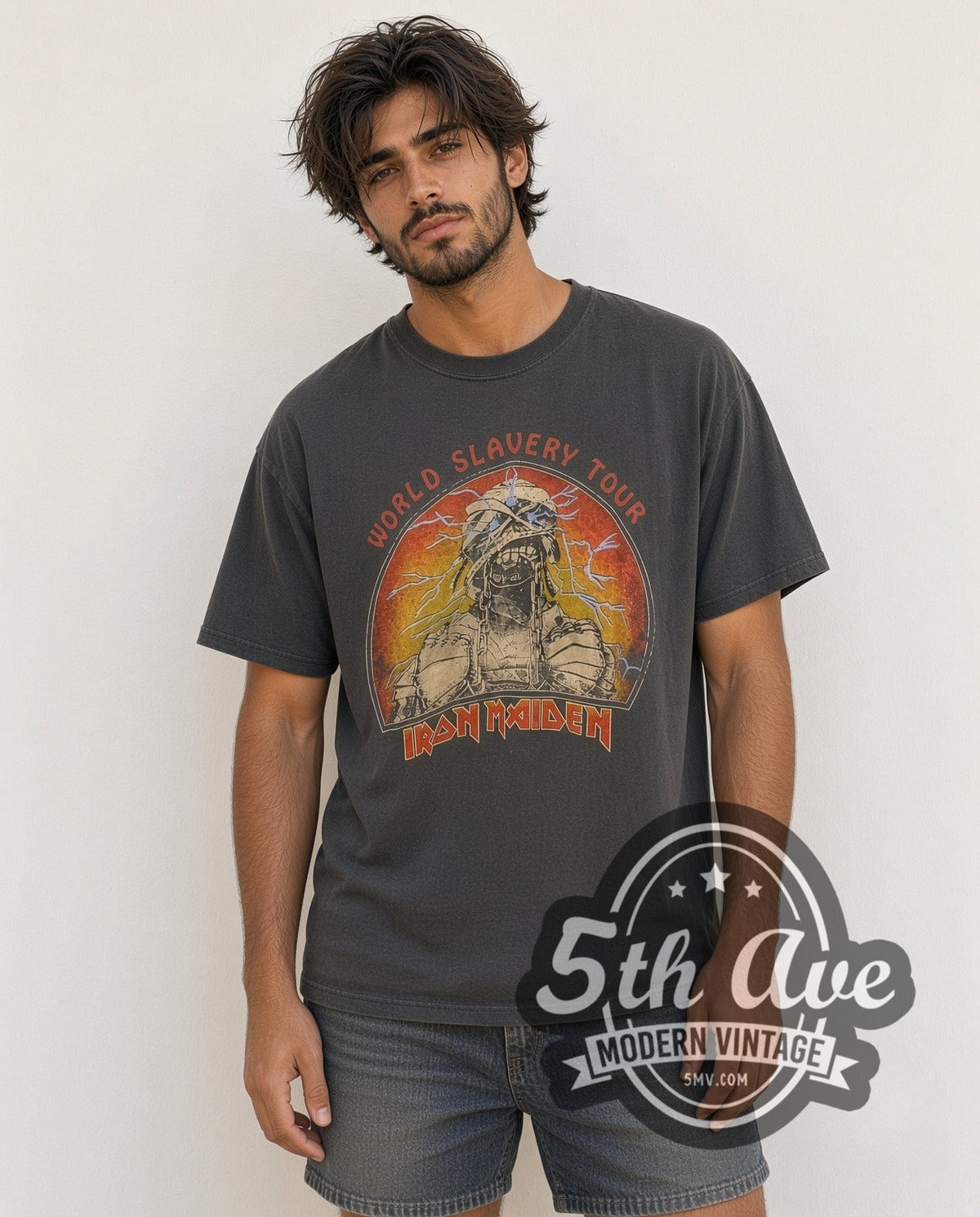 Model wearing the Iron Maiden World Slavery Tour vintage band t-shirt