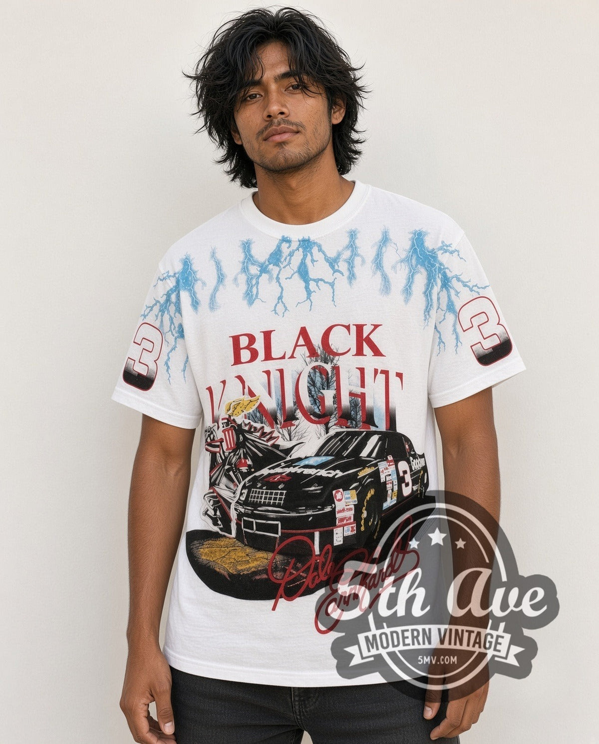 Model wearing the NASCAR Dale Earnhardt #3 Black Knight Lightning all-over-print vintage NASCAR t-shirt in white