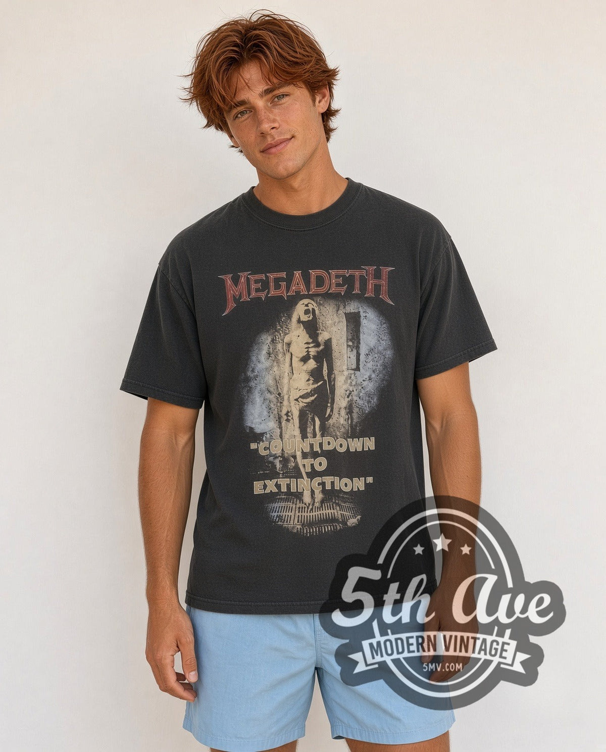 Model wearing the Megadeth Countdown to Extinction Graphic vintage band t-shirt