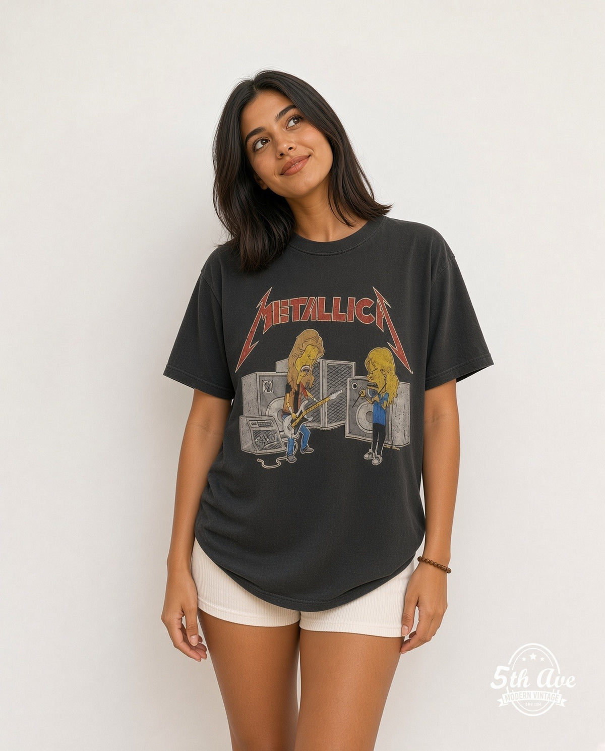 Model wearing the Metallica Beavis and Butt-Head vintage band t-shirt