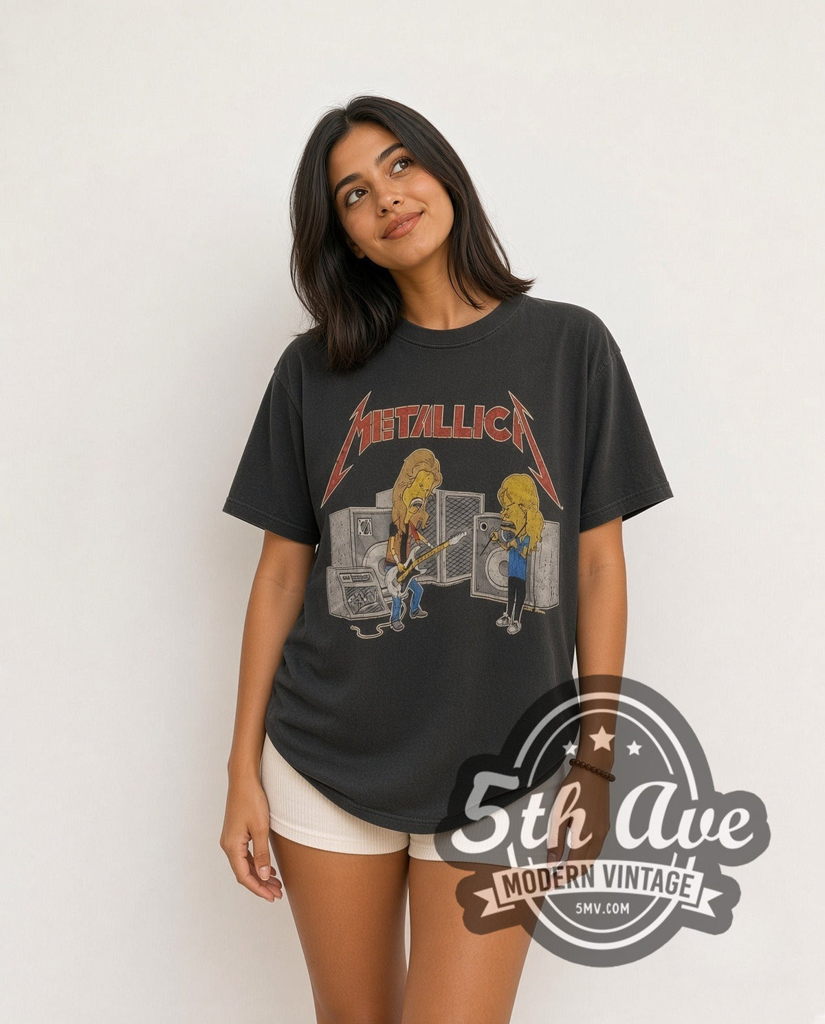 Model wearing the Metallica Beavis and Butt-Head vintage band t-shirt