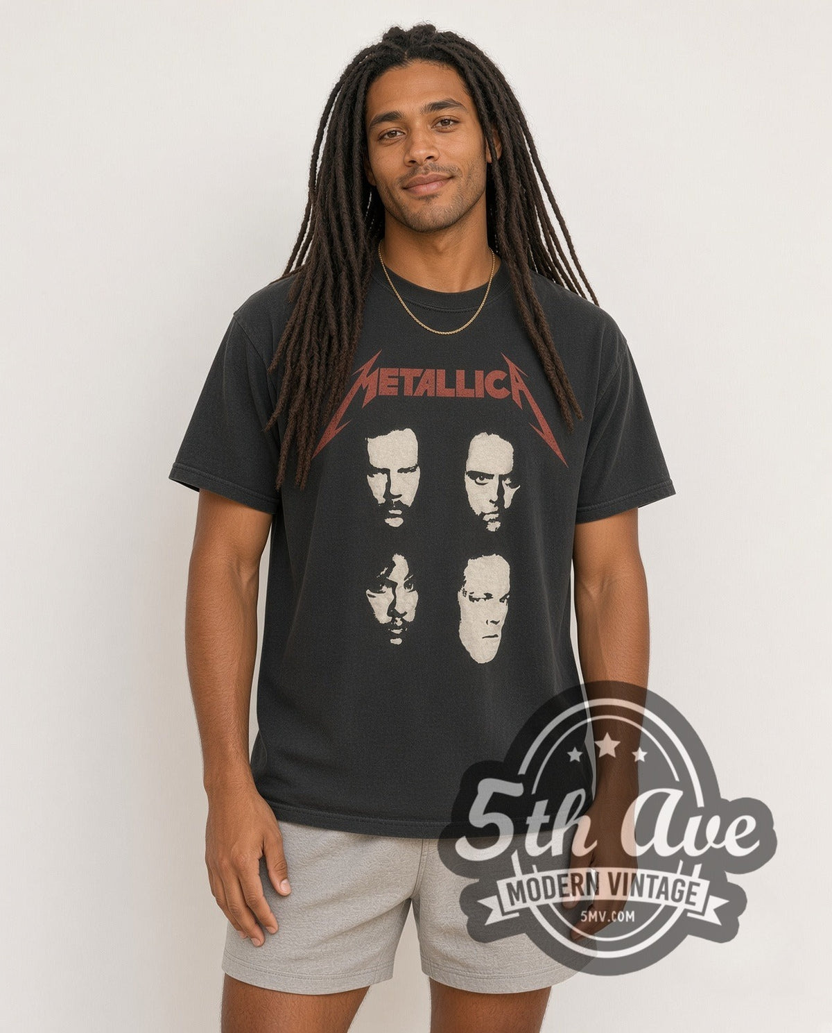 Model wearing the Metallica Faces and World Tour 'Don't Tread On Me' Snake vintage band t-shirt