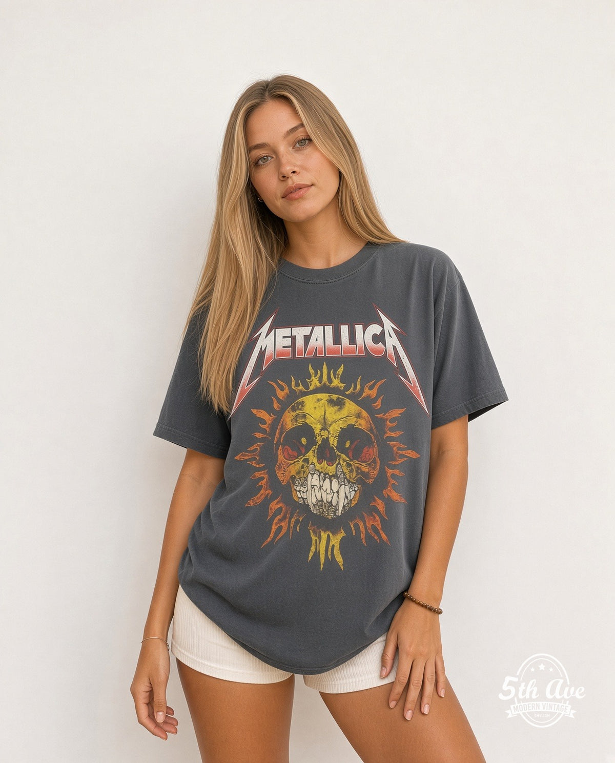 Model wearing the Metallica Skull Sun with Flaming Skull Back vintage band t-shirt