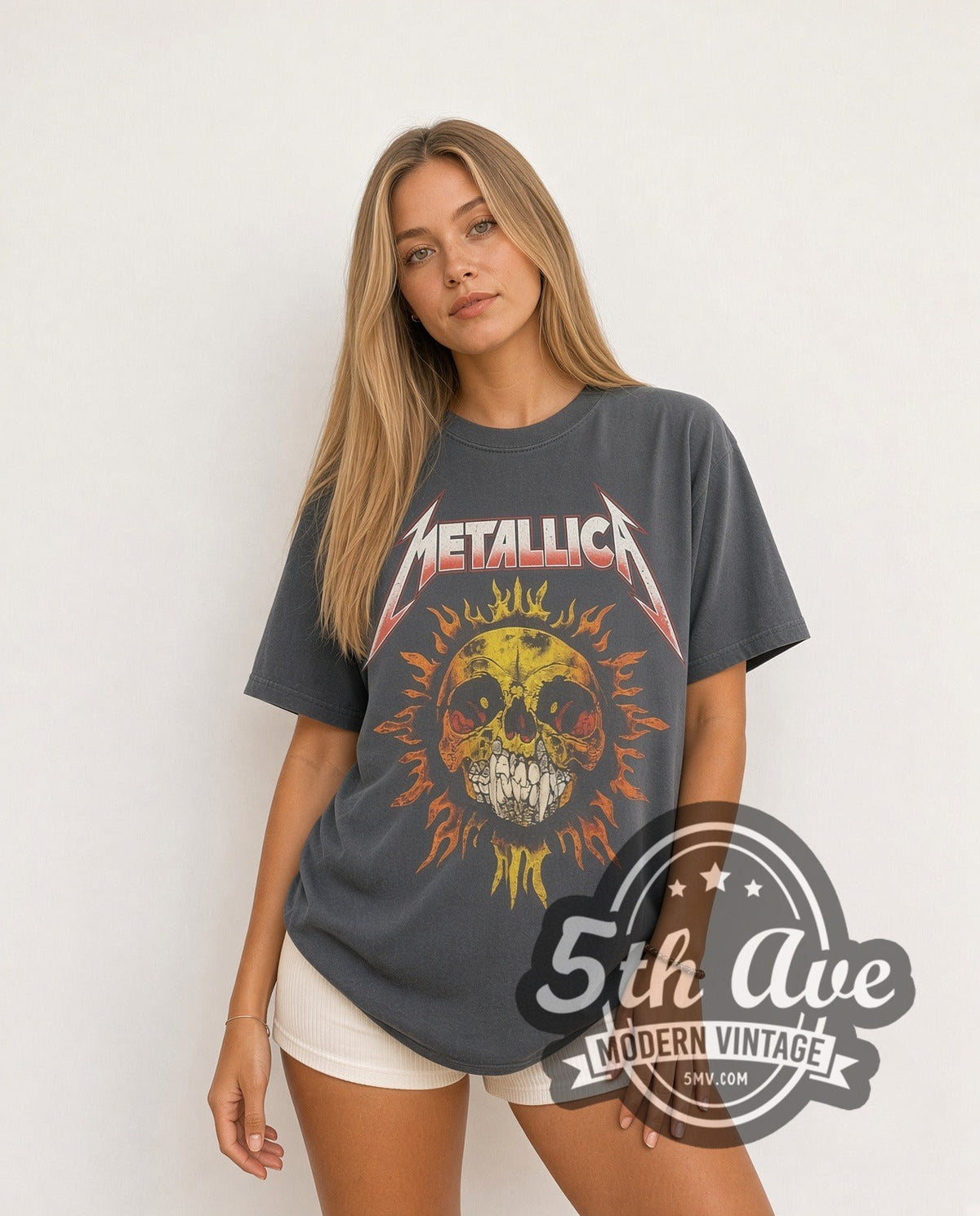Model wearing the Metallica Skull Sun with Flaming Skull Back vintage band t-shirt