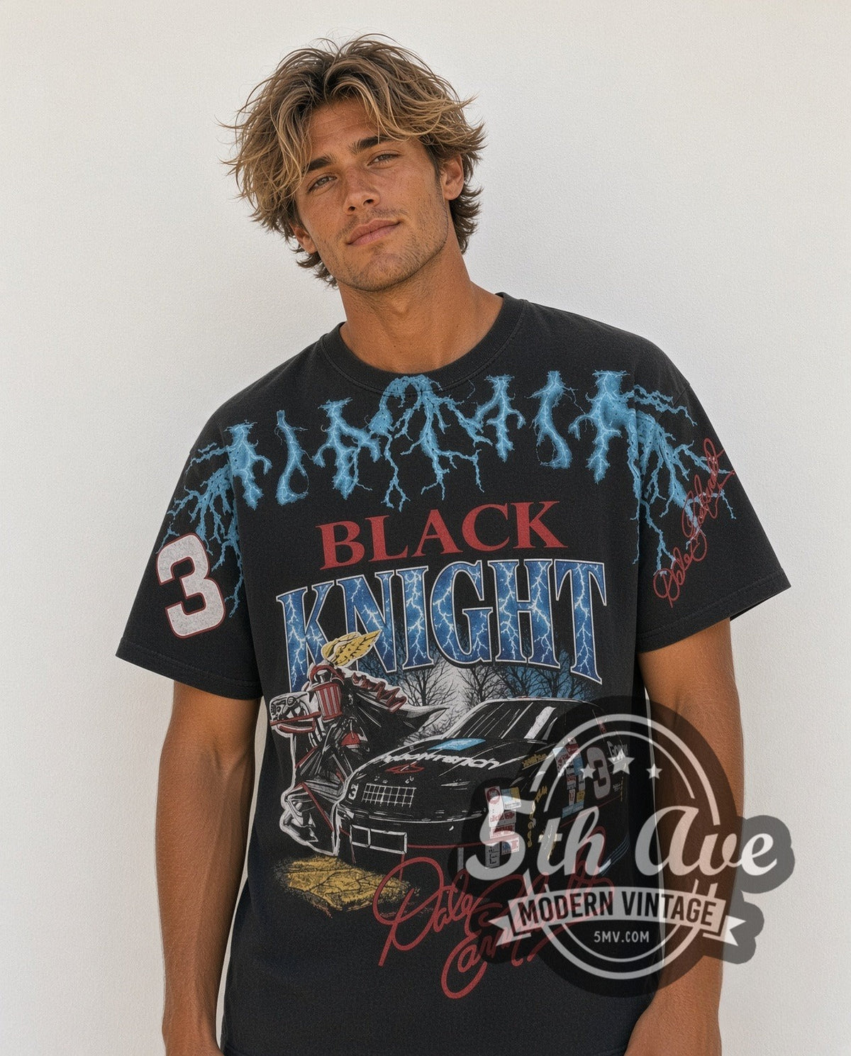 Model wearing the NASCAR Dale Earnhardt #3 Black Knight Lightning all-over-print vintage NASCAR t-shirt in black
