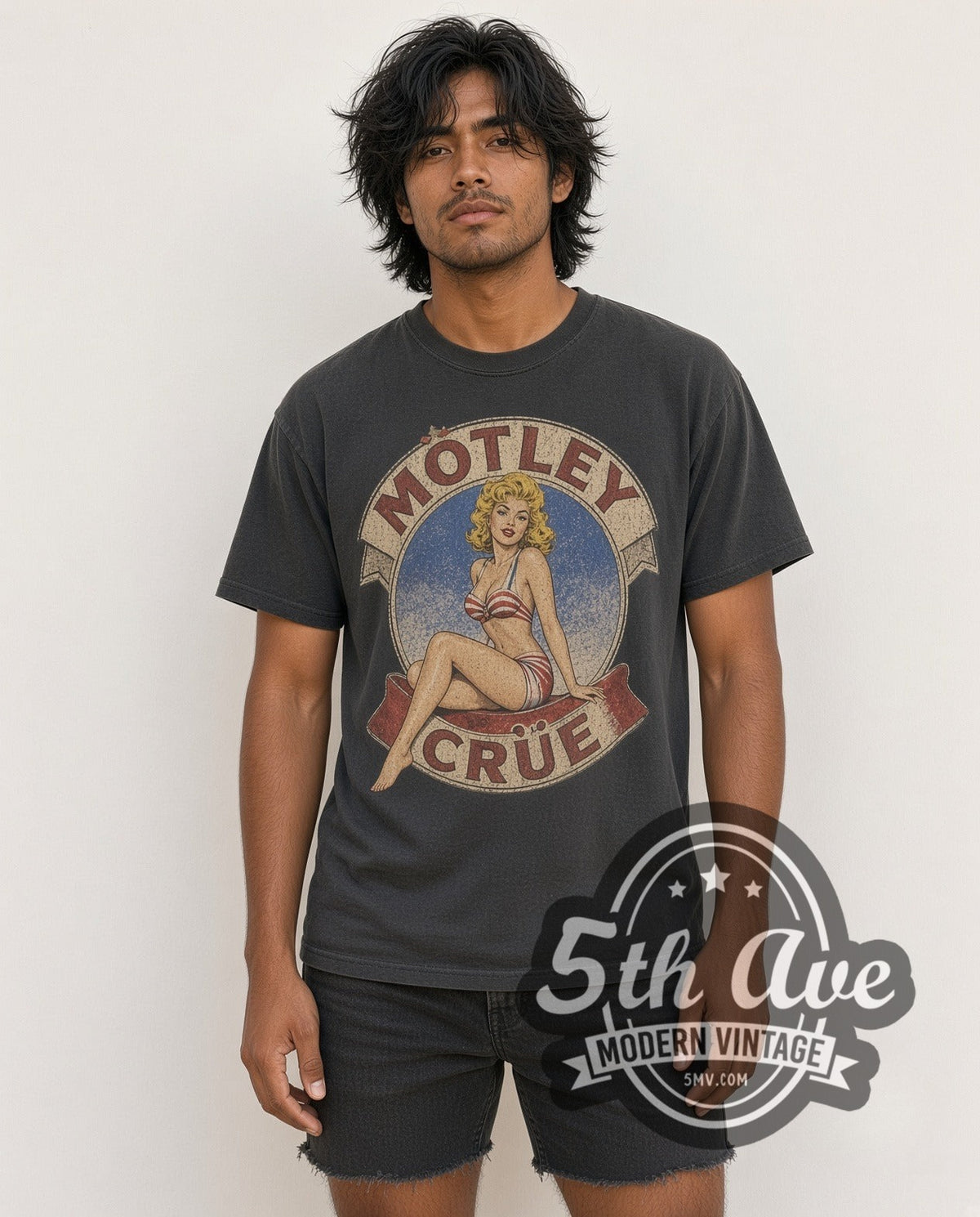 Model wearing the Mötley Crüe Girls Girls Girls Tour '87 vintage band t-shirt