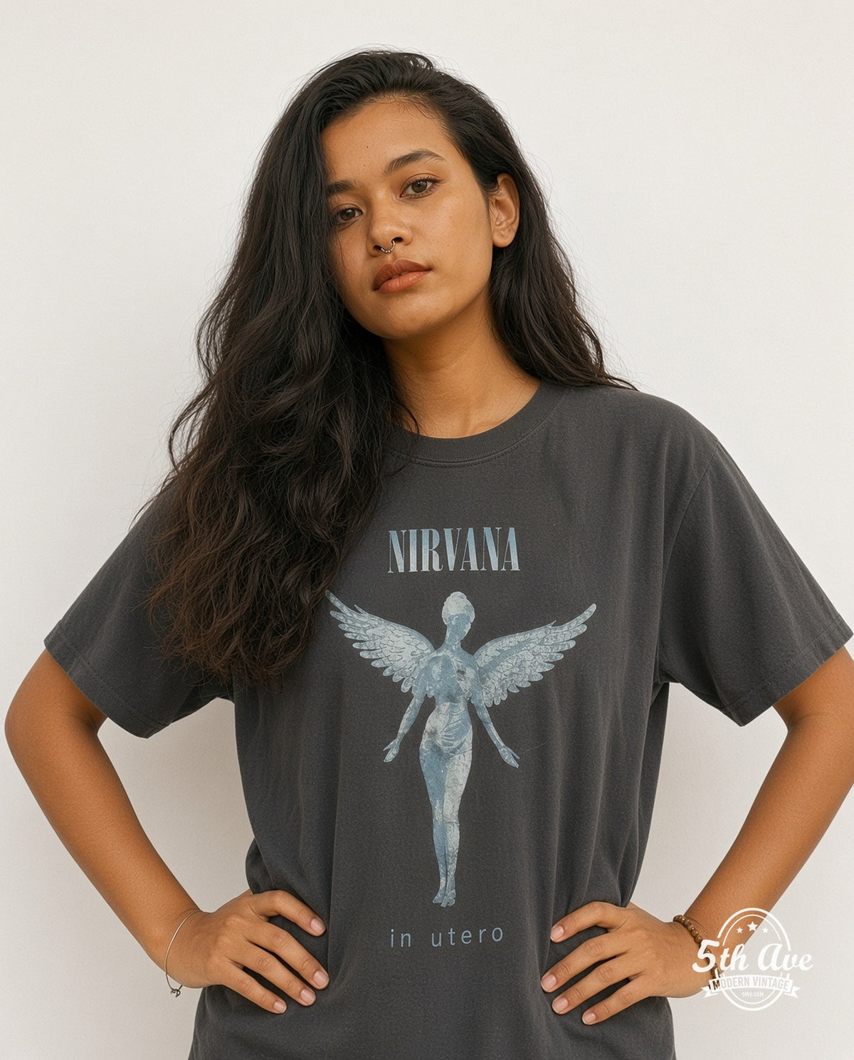 Model wearing the Nirvana In Utero Anatomical Angel vintage band t-shirt