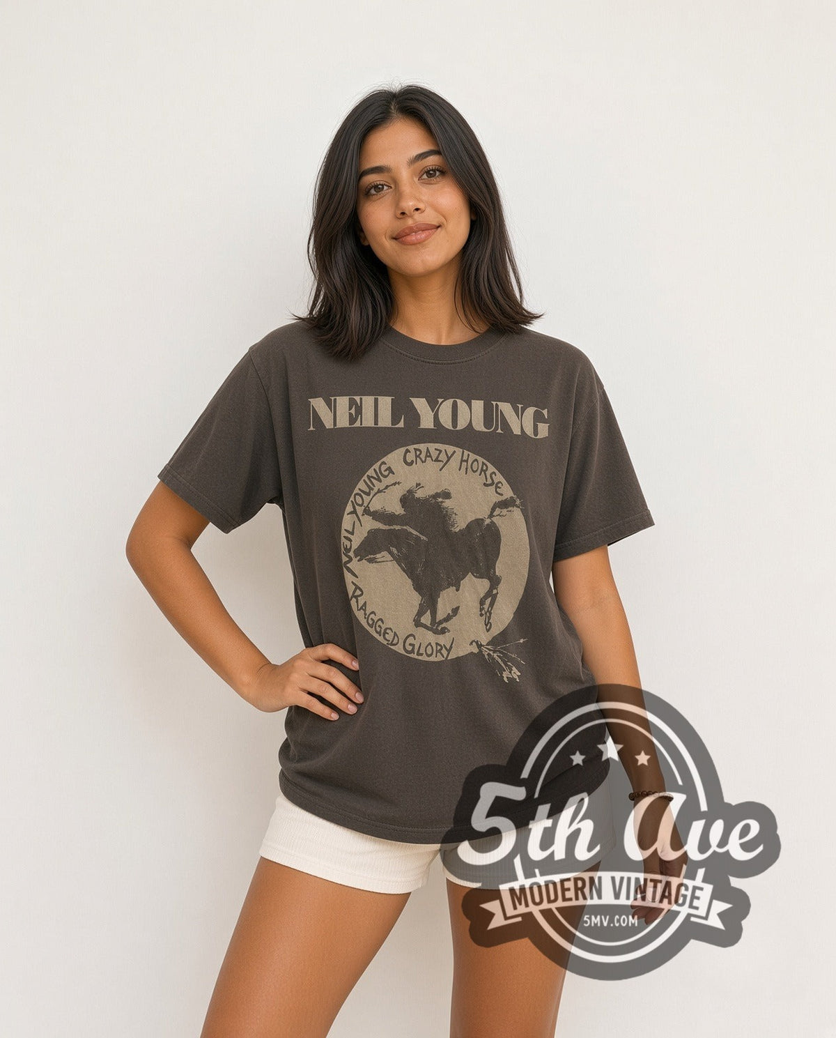 Model wearing the Neil Young Ragged Glory Crazy Horse Circle vintage band t-shirt