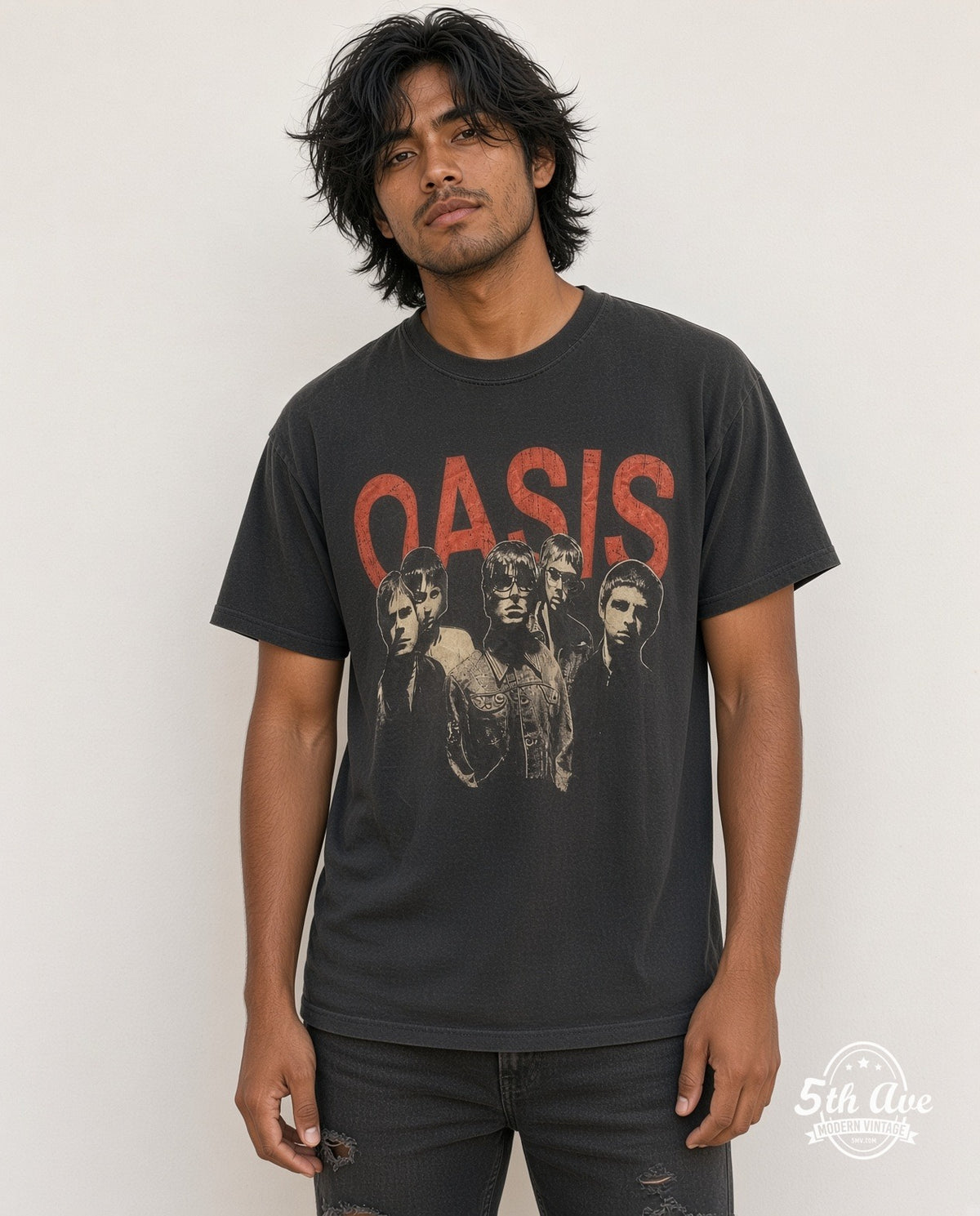 Model wearing the Oasis Bulls Legends vintage band t-shirt